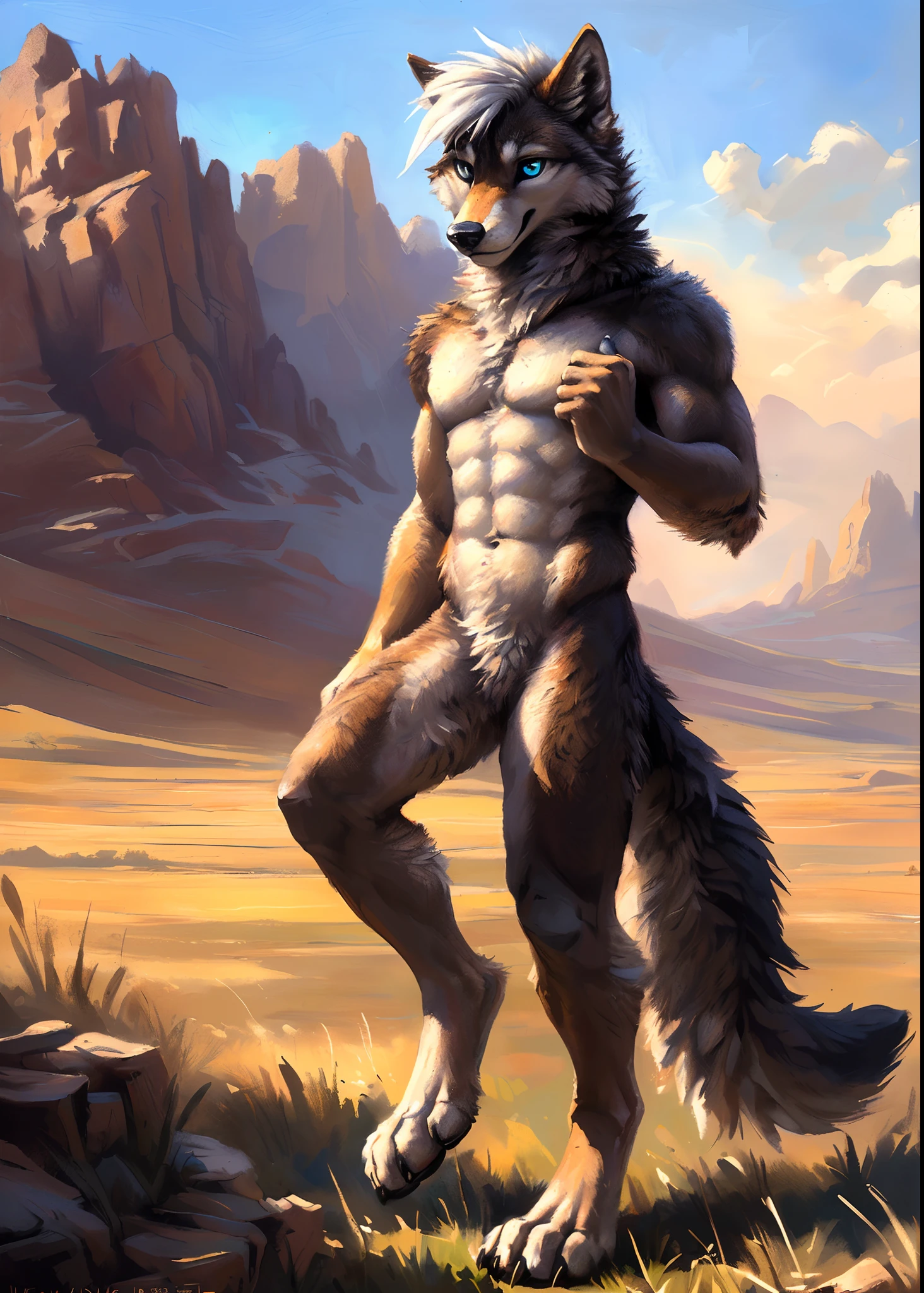 ((Solo)), male people, anthro wolf, (Multi-colored fur, White-brown:1.3，White tail pointed), (Height 2.3 meters,Tail length 1.2m), ((Wolf face, White hair, Big eyes, White eyelids, Blue pupil, Slim:1.2) (Tough, Calm expression:1.2)), Abs, Slim, pinging)), (Correct anatomy), Naked all over the body,A long big tail，Feet，(Realistic fur, Detailed fur texture, labeled:1.3)), (Natural lighting), Photorealistic, Hyperrealistic, ultradetailed, by Kenket，Endless grasslands，No artifacts