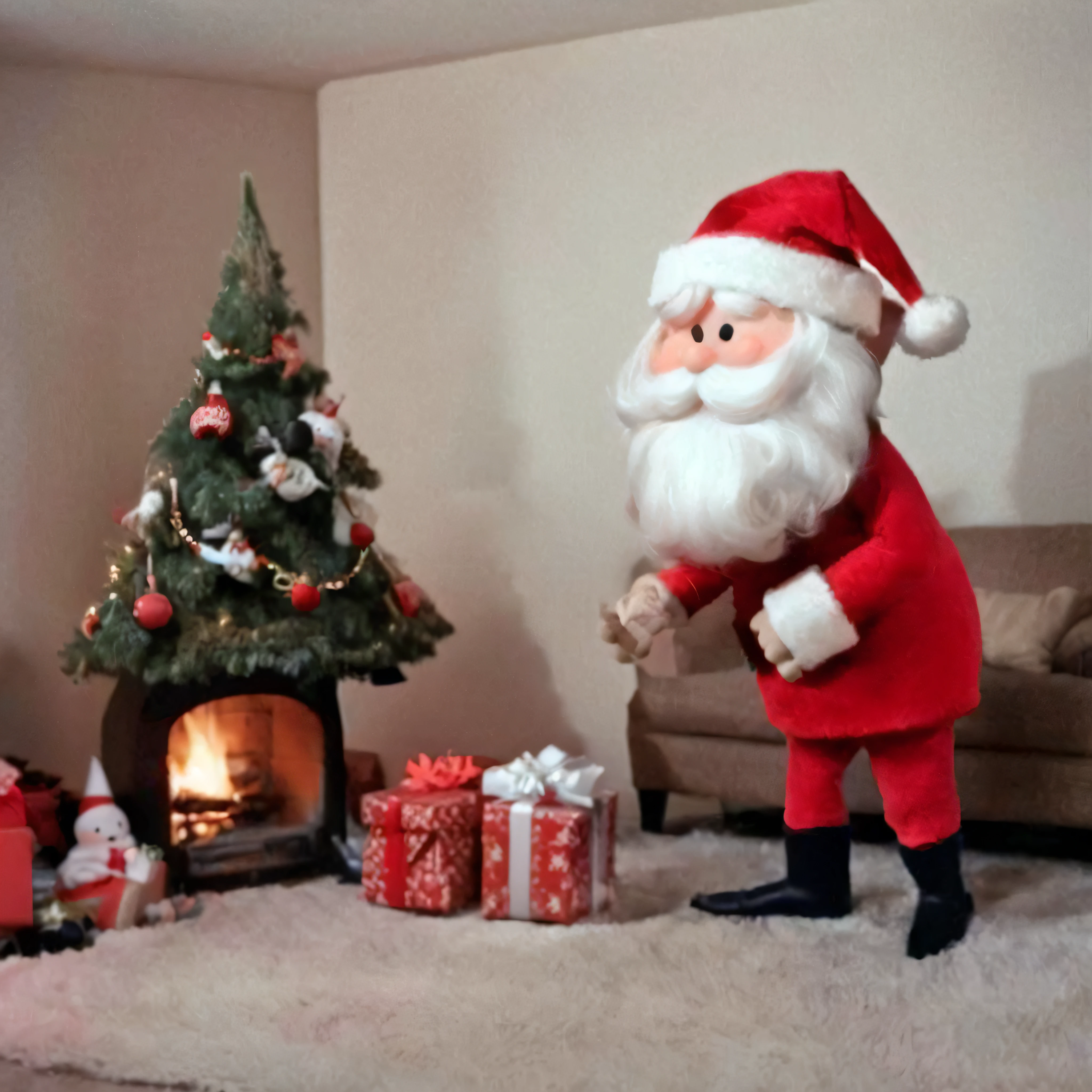 santa putting gifts under a christmas tree, cosy, living room, warm fireplace