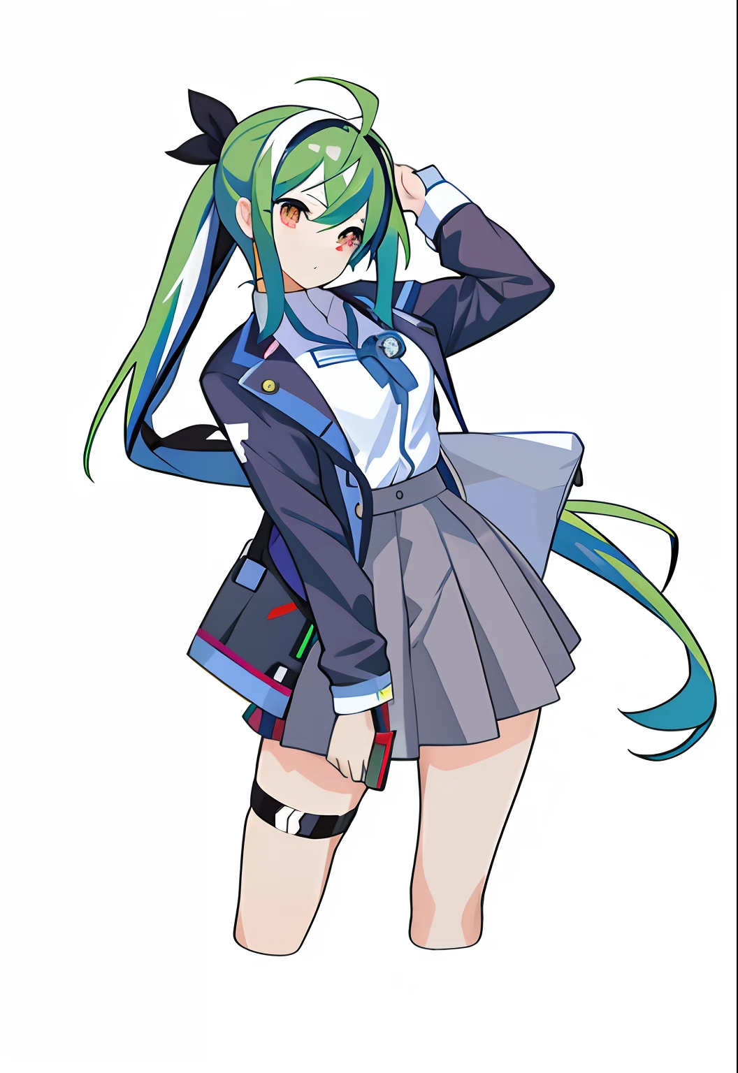 anime girl in a school uniform posing for a picture, Anime moe art style, Kantai collection style, official character art, Anime girl with green hair, Black pick dye,long whitr hair,Tie a ponytail, Beautiful Anime High School Girls, Marin Kitagawa fanart, zerochan art, 《Ghost Wind Special Assault Team》The art of pixels, rei hiroe, The black butterfly ends with a headband,Jujube red pupils