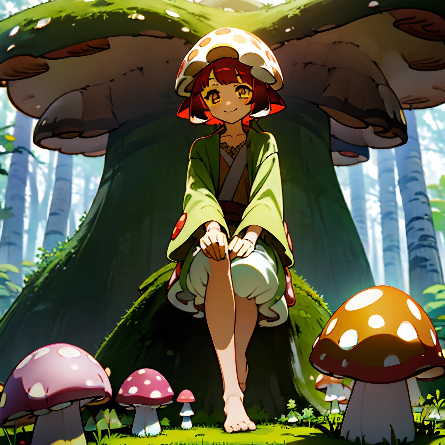 ((Masterpiece, solo, bright lighting, bright colors)), loli anime girl sitting on grass, ((moss, mushrooms, toadstools)), trees, forest background, overgrown, log, moss on log, tree canopy, sunlight through trees, ((barefoot, small chest, white skin, mushroom girl, red hair, mushroom hair, mushroom head, spots in hair, long arms, yellow eyes, smiling, moss clothing, tunic, plant clothing, red with white spotted mushrooms)), floating dust, sparkles