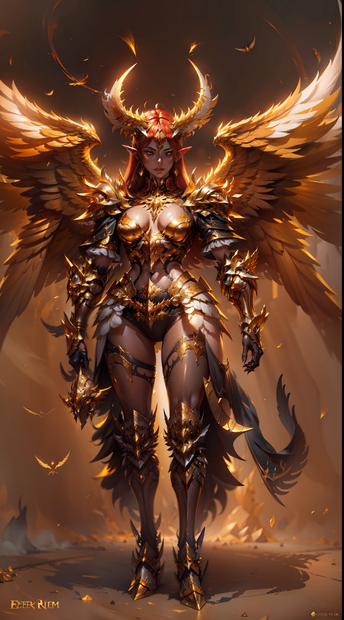 Golden armored demoness, wings made of energy, metal horns, gold, fantasy, concept art, ultra realistic, character art by greg rutkowski