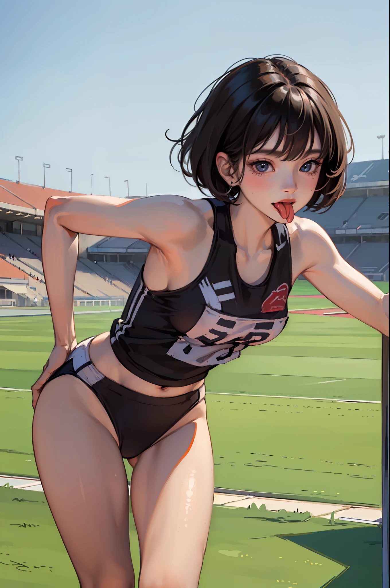 (masterpiece, best quality, nsfw), 1girl, (Athlete, wearing track uniform, half body shot, short hair, black hair, smiling, long side bangs, cool face, closeup, ((tongue out)), tanned skin, firm boobs), at the track field, at school, sunny day, sweating lots