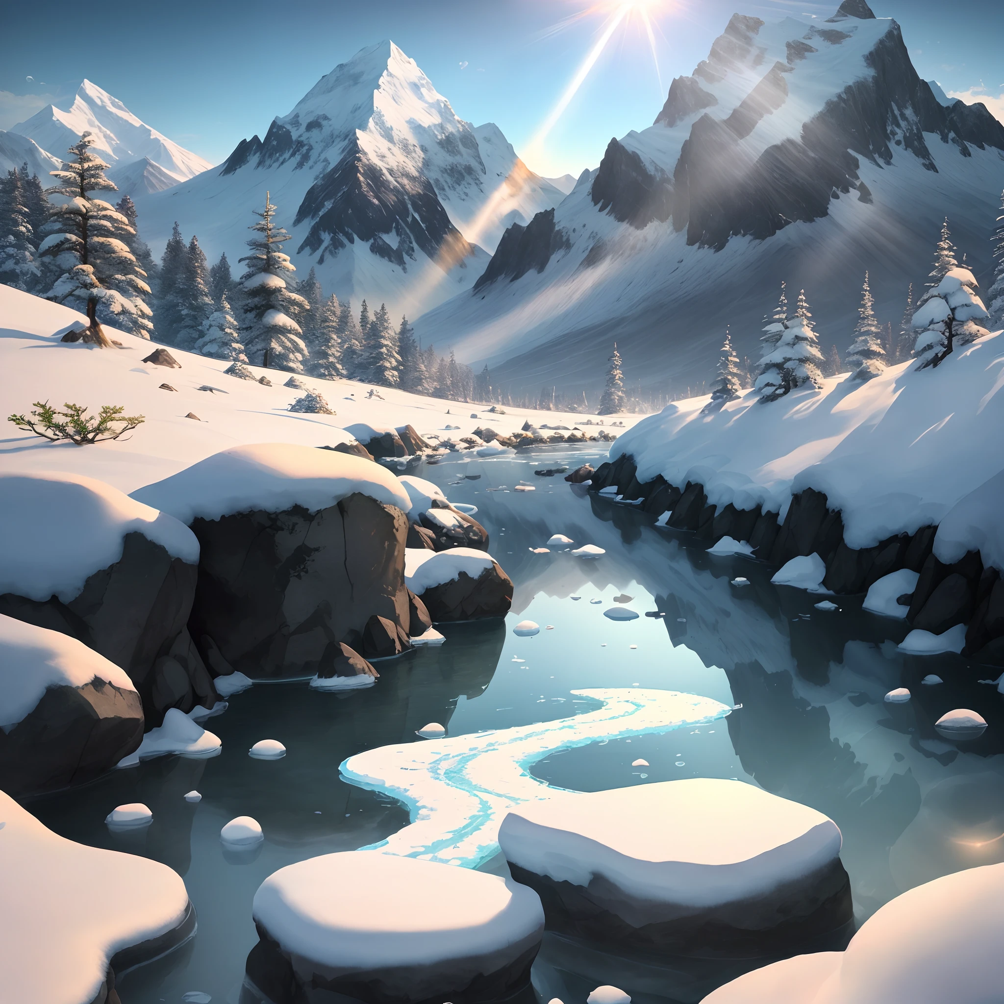 Peak of a. Snowy mountain morning time cinematic sunlight bright and warm sunrays crystal clear blue coloured fresh shallow and gently flowing stream from the peak ice melting very shallow stream originated from The top of the peak voilet coloured mosses growing around ultra hd 8k quality hyper realistic masterpiece game graphics