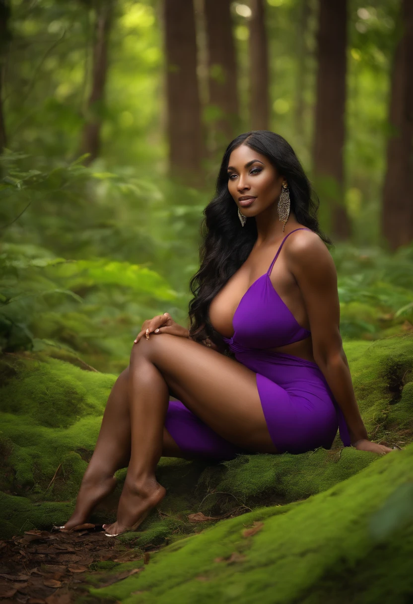 Kobe Bryant, smirking deviously, In the beautiful forest, There are big plums growing on the trees, Purple bikini, fantasy, Fantasy style, Good tits, Hot pose, trending photo, leaning-forward, Hands behind your back, Magic world