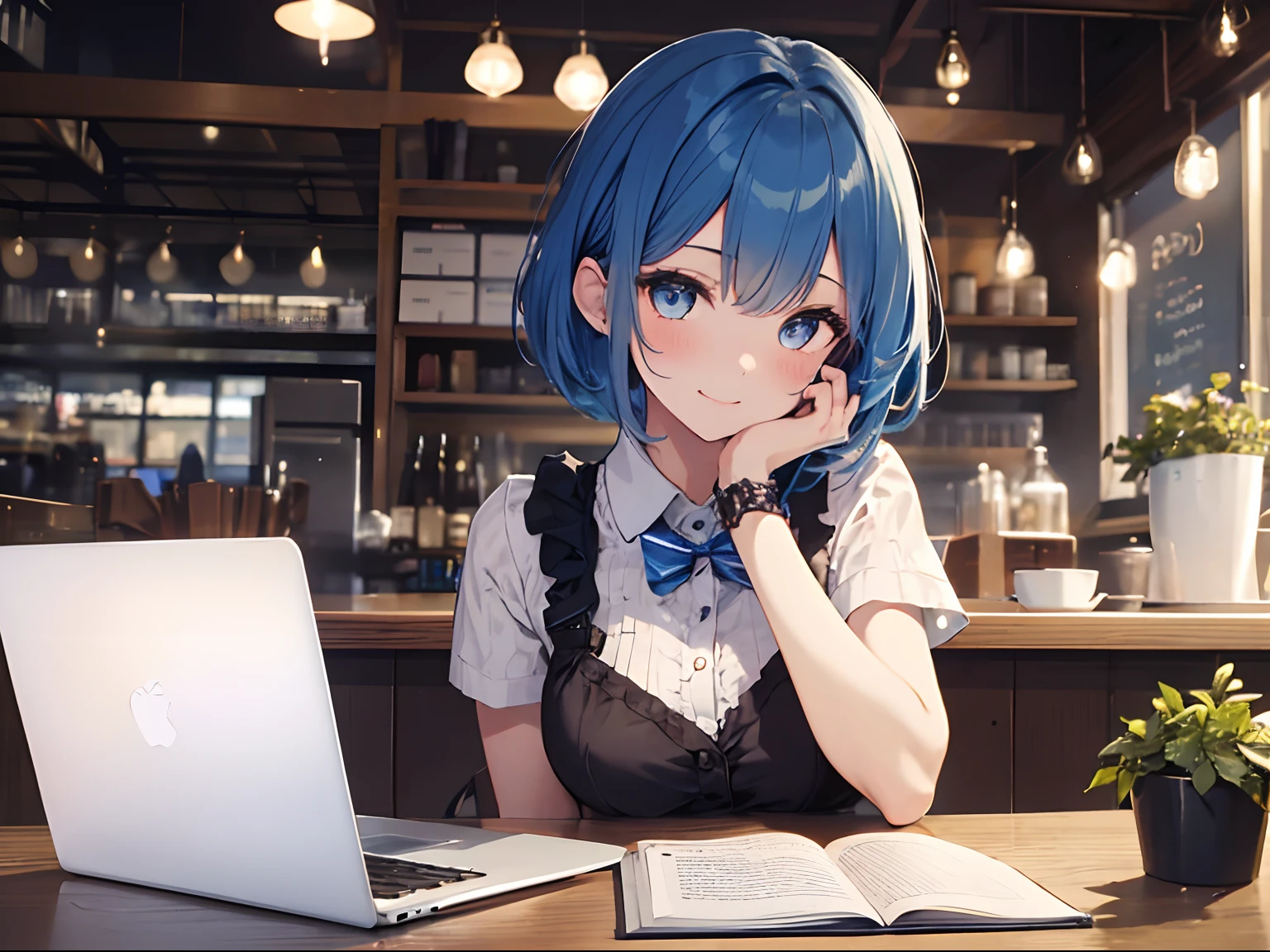 (1girl in),(beautiful eyes finely detailed、Face to detail、masterpiece sidelighting、​masterpiece、top-quality、detaileds、High resolution illustration), Woman using laptop in fashionable open café、18year old、Pupils、Everyday clothes、A smile、frontage、The upper part of the body、Blue hair、Short bob hair、The upper part of the body、
