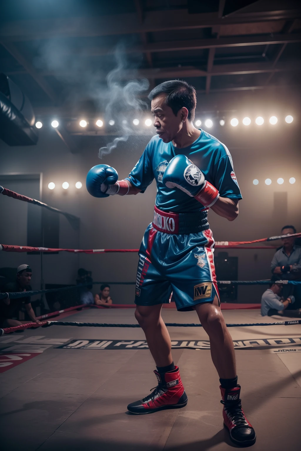 Jokowi dodo, KO, duel, very realistic, lifelike textures, dramatic lighting, Nikon RAW photos, 8k, Fujifilm wearing clothes, standing, (boxing gloves:1), (boxing ring), blue boxing clothing, dramatic and action effects, smoke effects, dramatic lighting,