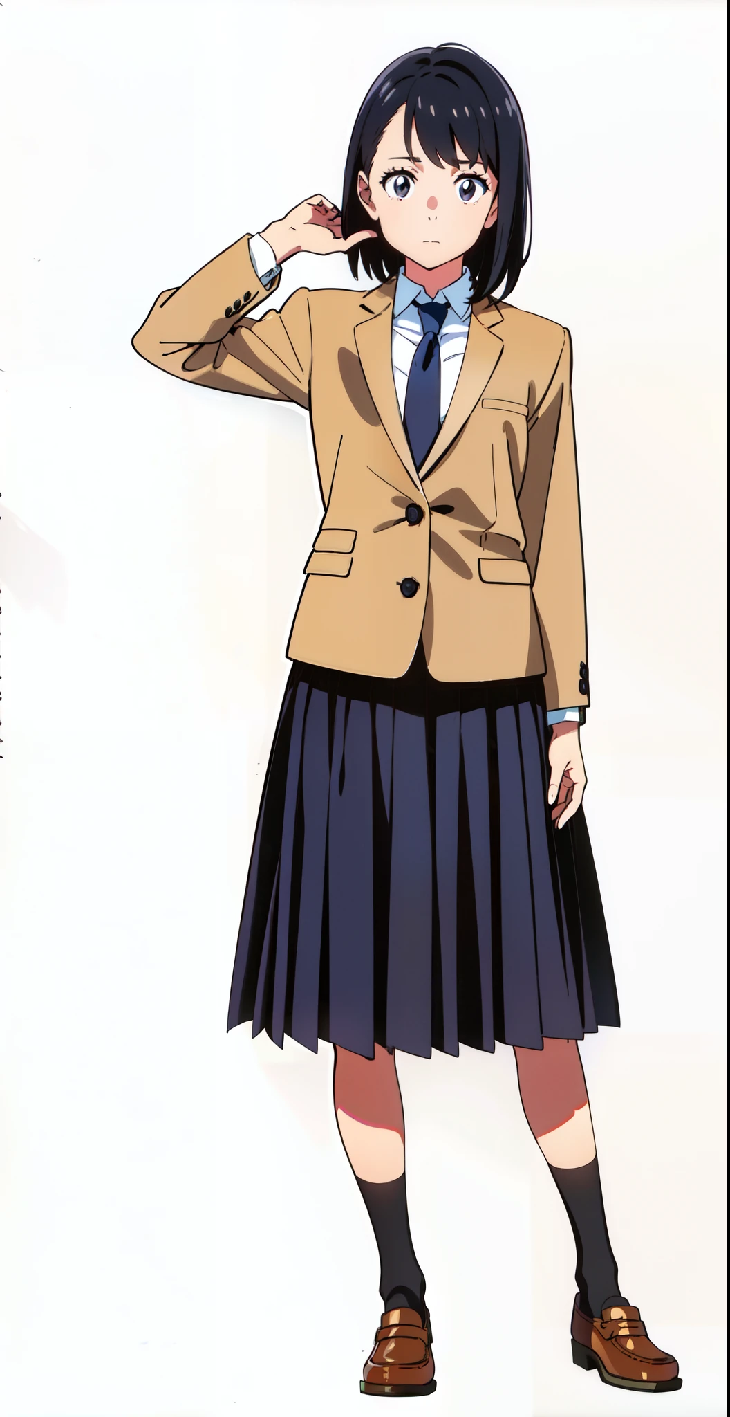 (raise arm:1.0), (white background:1.1), (best quality:1.1), (masterpiece:1.1), (full body:1.0), (solo:1.0), (a 18yo cute girl:1.0), (long skirt:0.9), (dark blue skirt:1.0), (pleated skirt:1.0), (school uniform beige blazer:1.0), (dark blue necktie:1.0), (black socks:1.0), (loafers:1.0), (lanky:1.1), (tall:1.1), (slender:1.1), (small breasts:1.1), (detailed beautiful eyes:1.0), (detailed beautiful face:1.0), (glowing black eyes:1.0), (short hair:1.0), (strait hair:1.0), (black hair:1.0)