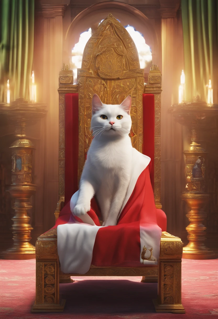 A cat is sitting on a throne, the body guard Shakib Al Hasan is standing on the right side of the throne, there are two Bangladeshi flags, realistic face,