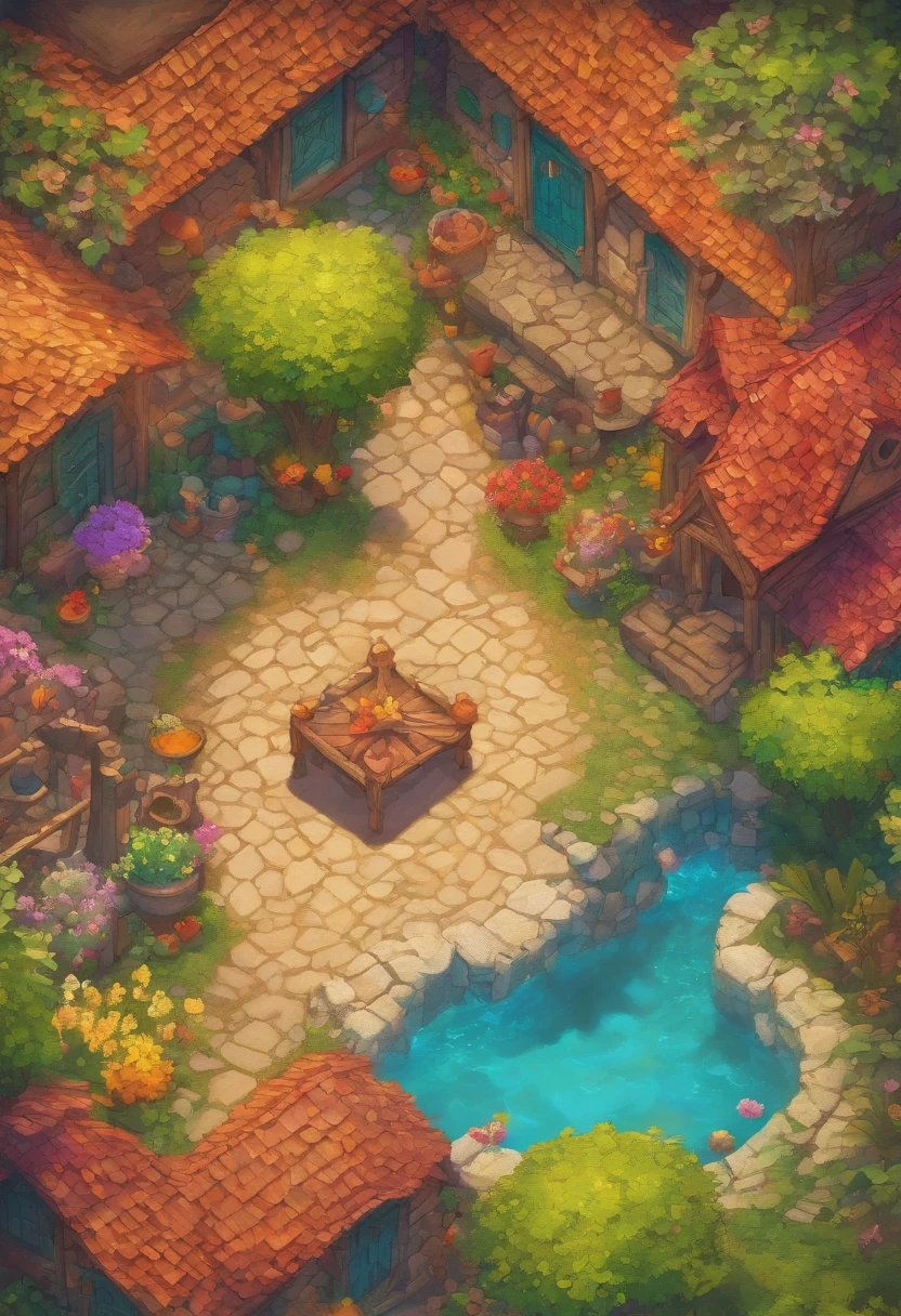 Bird's Eye Straight Top-Down Shot from a Drone, Map inside colorful rooms, Game RPG Art, (Coherent architecture and interior, With realistic proportions and textures, Intricate details, handdraw, Vibrant, Cinematic lighting, masutepiece, 8K)