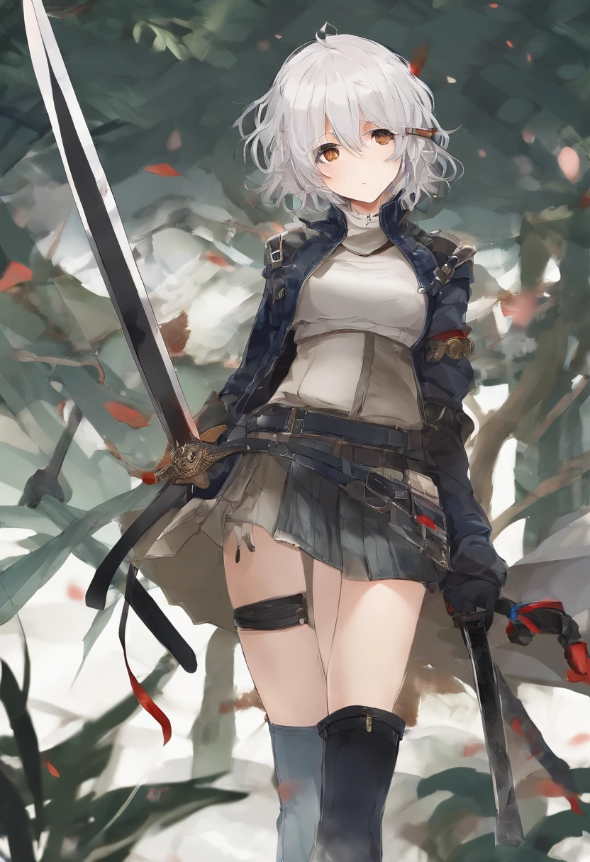 Ultra High Definition 2D Art, fantasy, unkempt short hair that is somewhat curly, costume outfit for hunting and traveling with fingerless gloves and leather boots and Her attire includes a pair of short swords that hang from her hip, sharp eyes with an air of intimidation, pose intense, delinquent tomboy that could be mistaken for a man but has huge breasts, Fantasy worldview, tomboy, huge breasts, proper clothes, rough looking girl, could be mistaken for a man, constant glare, glaring, fantasy hunter, fur on outfit