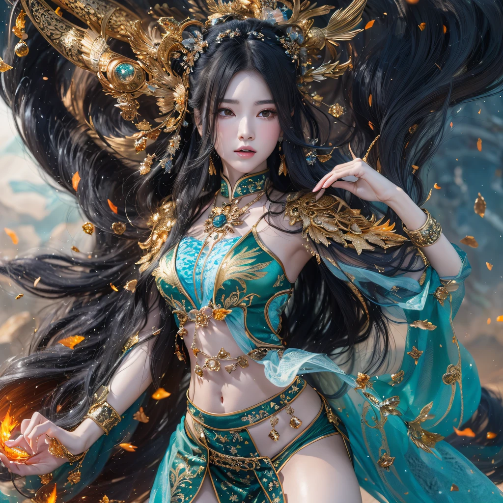Fly the Nine-Tailed Light Blue Sky Division Flame Hairy Bear Star,Erotic,Torch Night Black Gold Orange Brocade Silk Snake Print Silk Pants,Rouge diamond tulle sheer lizard-patterned leggings,Fat Girl Space Flying in the Snow 1:900 miniatures,Front view,Pure transparency,Wear boxing gloves,Wear thick-rimmed reflective sunglasses with gold threads,Panorama ultra-wide angle,extremely happy,The texture of the real person is delicate,Strong visual impact,Hyper-detailing,Dream girl,Refined face,prettyeyes,Hair strands float in the air, Cherry model,Ouyang Xiaotong,crystal-clear,Good sense of perspective,Light and shadow effects,16K smooth,Surface reflected light,Flowing black hair,Water Goddess 32K,复杂,ellegance,highly detailed,A majestic,Digital photography,Autumn cowboy shot,surrealism painting,Broken rubies,Beating magic,Entwined water magic,(tmasterpiece,Cinematic light,Fine beautiful eyes:1.2),hdr,Void 5 Energy Storm,(China 1 girl,Black eyes:1.5),Rouge skin,Glowing skin,(sitting on the stone:1.5),delicated face,Black color hair,Put on palatial gold armor,cropped shoulders,,short skirt,Beautiful golden armor,Rained,big breasts beautiful,looking at viewert,Face away from the camera,tmasterpiece,Lateral face,Side portrait close-up