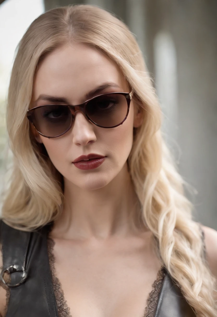 best quality, masterpiece, garterbelt, Emma Frost wearing a (garterbelt,lingerie,GothGal,dress leather harness), long wavy hair, (perfect eyes:1.2), (perfect face:1.2), (sunglass:1.2), hyper detailed, hyper realistic, amazing and beautiful, 32K