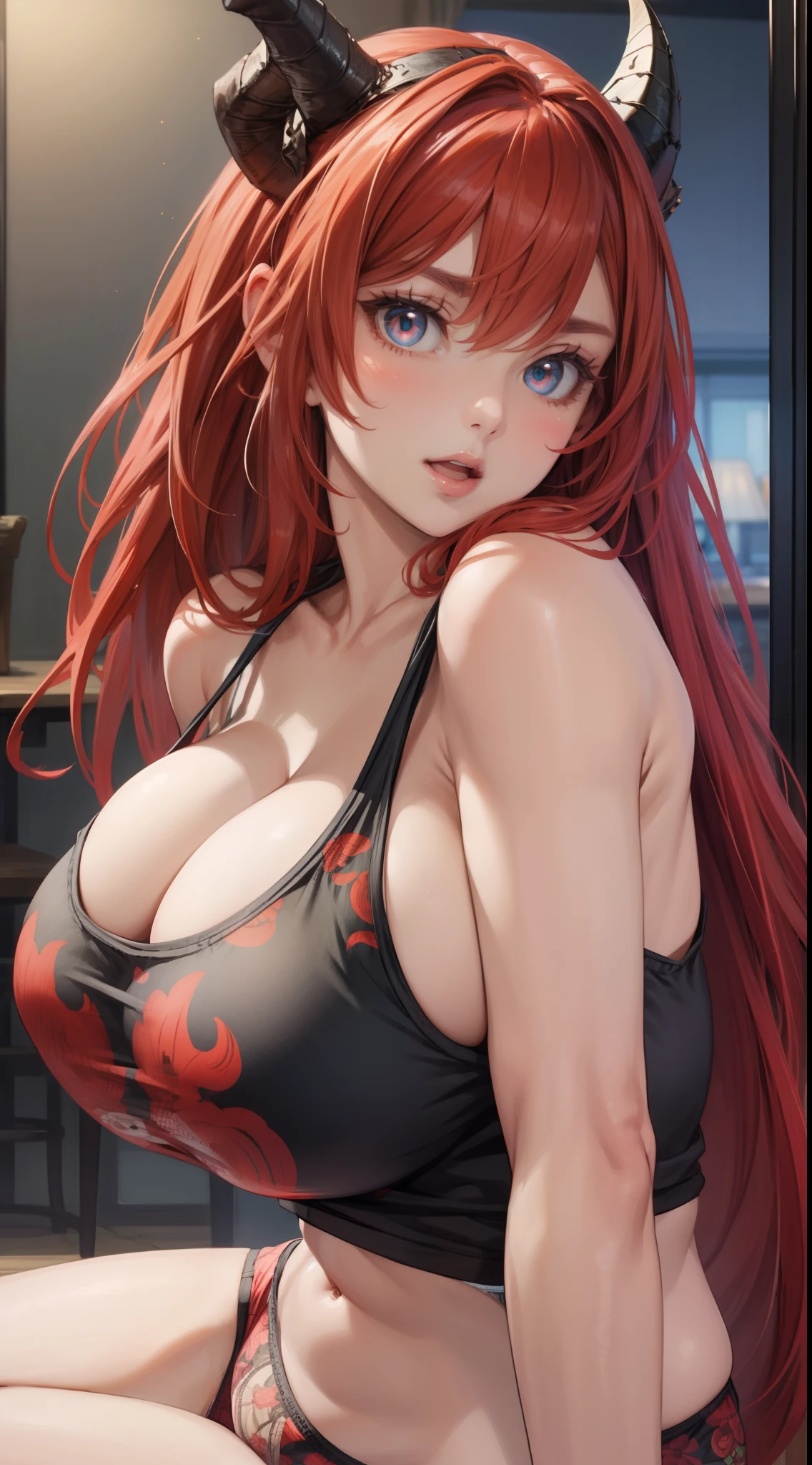 highly detailed, seductive erotic female with horns, detailed printed tank top, cute panties, (huge breasts, red hair), centered on the face, face focused, intricate eyes