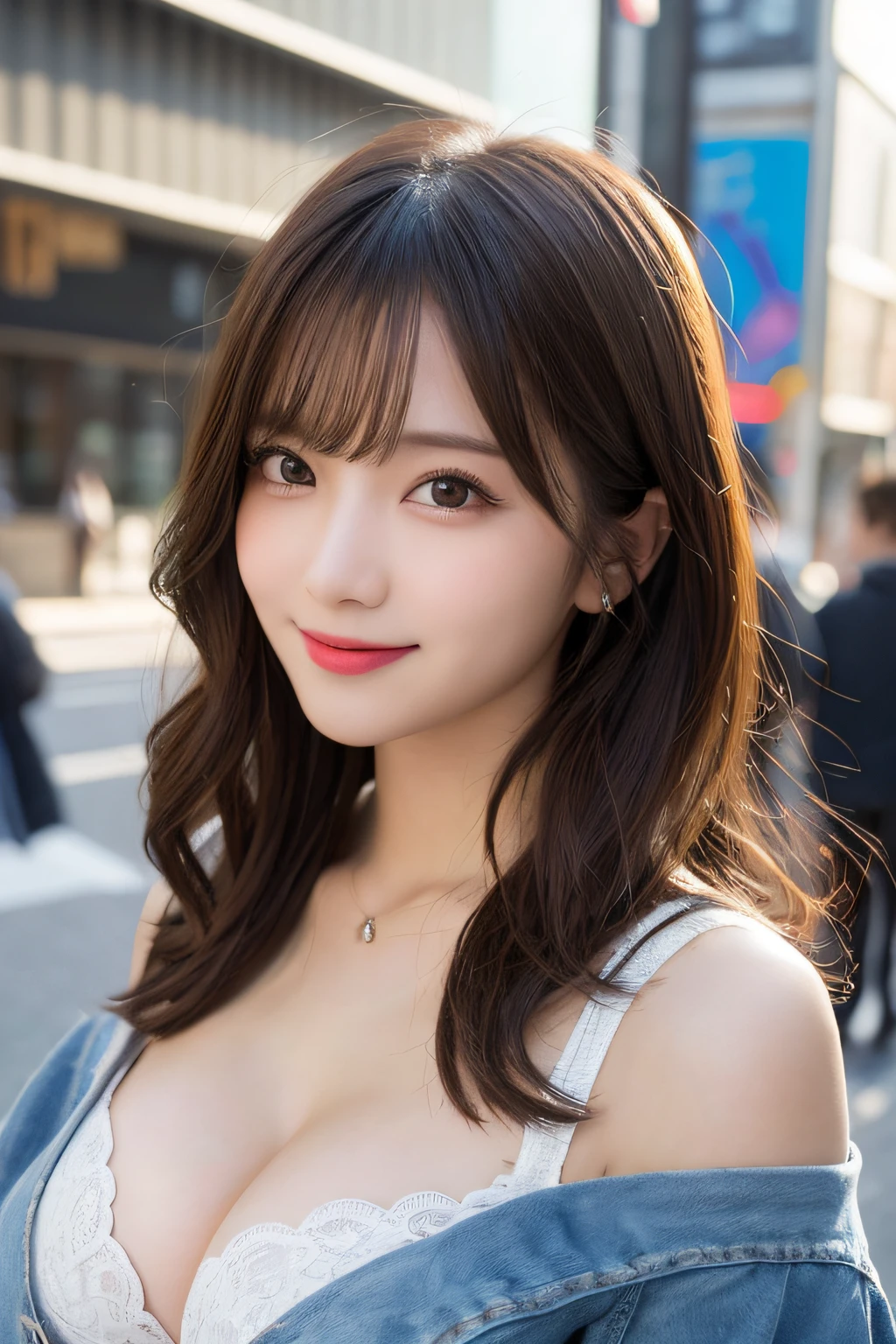 masutepiece、Best Quality、Illustration、 ultra-detailliert、hight resolution、8K Wallpapers、Perfect dynamic composition,、Beautiful detailed eyes、Women's Fashion Summer、Medium Hair、(Beautiful Large Breasts:1.3)、Natural Color Lip、Bold sexy poses、Smile、Harajuku、20 years girl、Cute、Sexy shot looking at camera