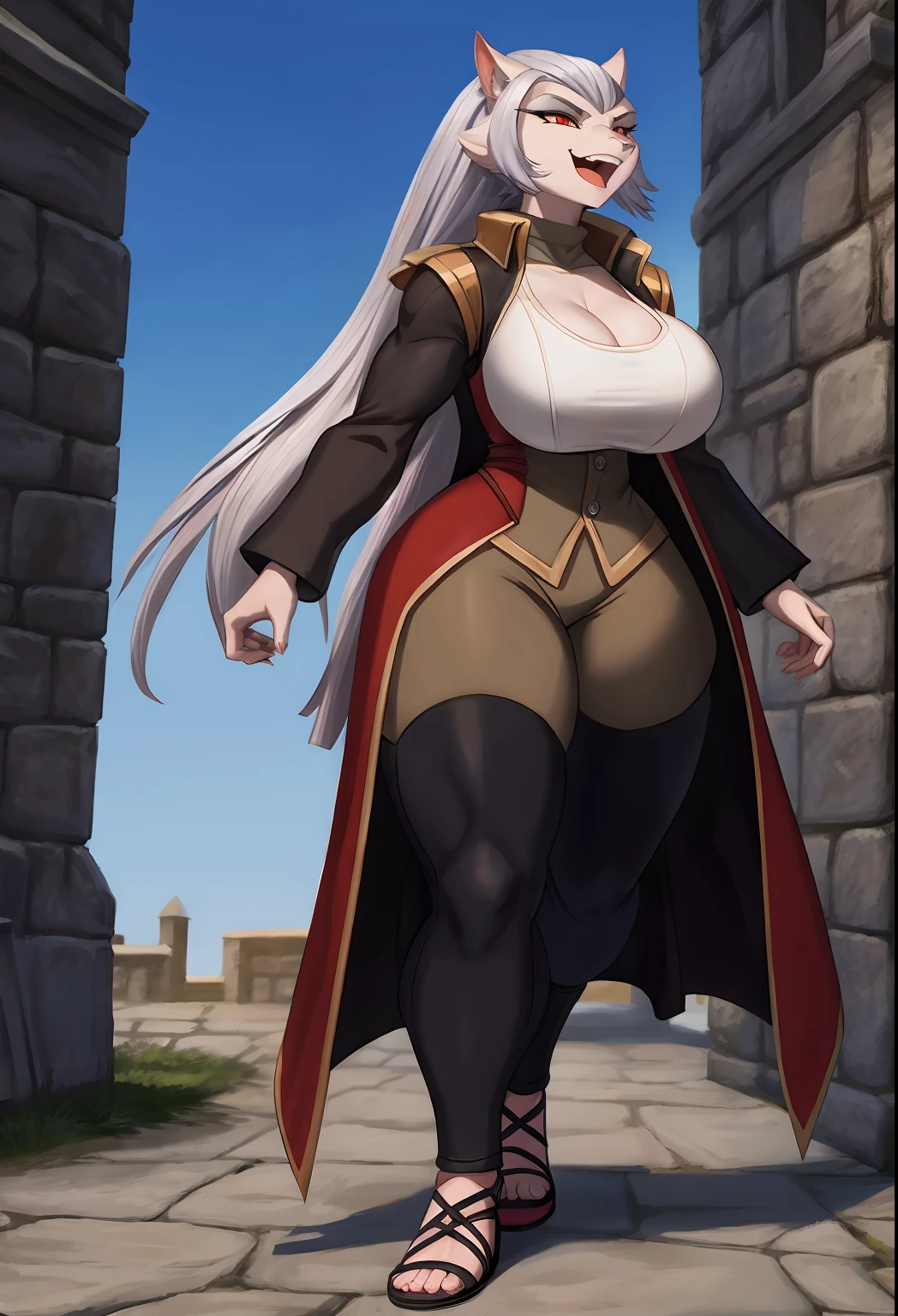 muscle girl,huge breast,, tall female, ,pants, solo focus, 1character, portrait full body,dark skinned female, , vest, coat, walking, medieval clothing, long hair, ,, open mouth smile, revealing cloths, , , berserker, warrior,, full body, walking,, ,flipflops, red eyes, sentai heroine, white bodysuit, silver hair