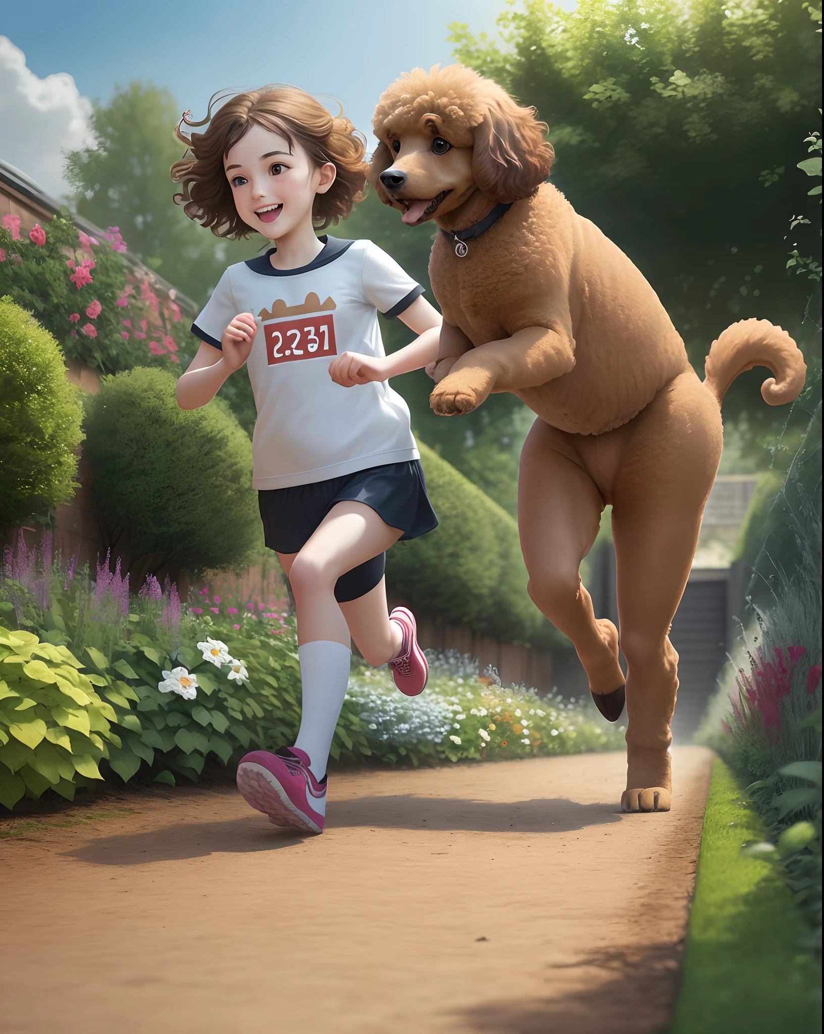 brown poodle and girl running in garden