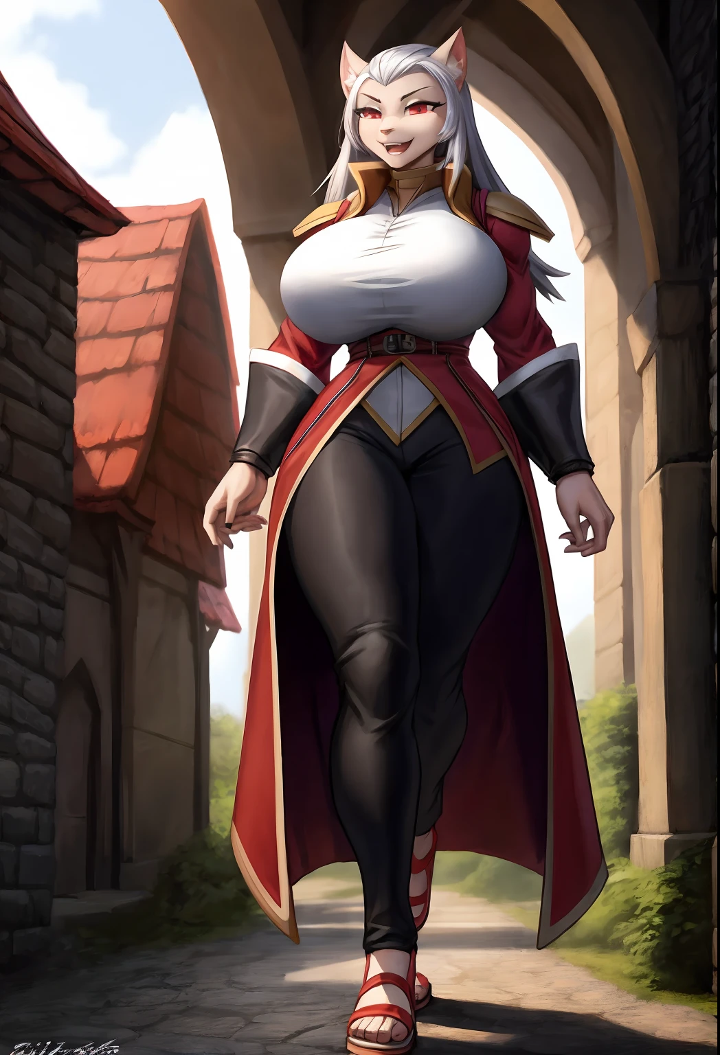 muscle girl,huge breast,, tall female, ,pants, solo focus, 1character, portrait full body,dark skinned female, , vest, coat, walking, medieval clothing, long hair, ,, open mouth smile, revealing cloths, , , berserker, warrior,, full body, walking,, ,flipflops, red eyes, sentai heroine, white bodysuit, silver hair