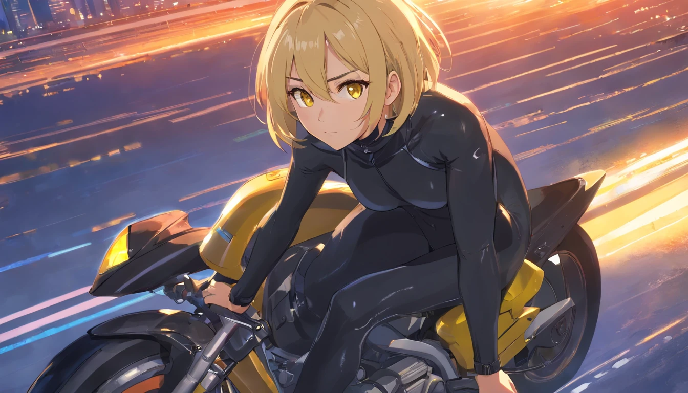 1 ager、a blond、Big ass、Black catsuit、yellow eyes、thick and large thighs,、short-hair、Rider Helmet