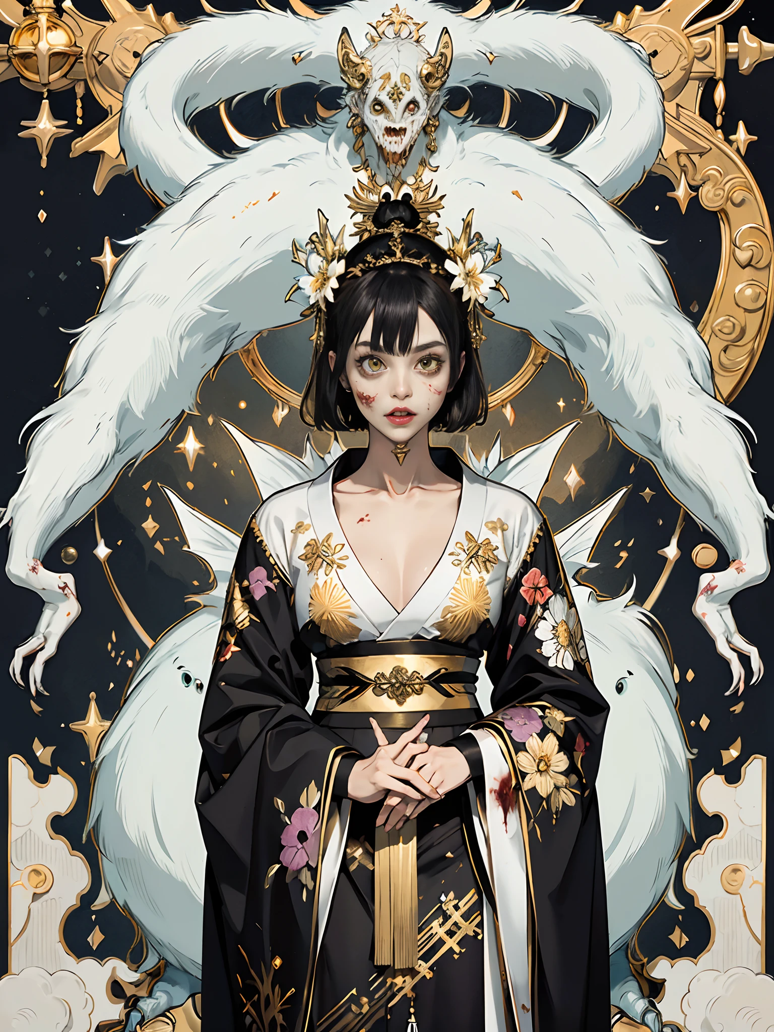 (rokoko:1.5),Background of details(Ruins:1.5)(fullmoon:1.2)((Crowds):1.5)((zombie,creature):1.5),BREAK ,elaborate costume(Luxury kimono(Black kimono(detailed embroidery(blanche,golds)))),BREAK,(1 Beautiful and classy adult woman(Shy smile:1.2)(Japanese actressl:1.2)(A dark-haired(short-hair:1.2))),(eye glass(four corners:1.2)),(Have a machine gun:1.2),BREAK,Wallpapers 16K,Blur the background,)(masutepiece,Best Quality,Portrait photos):1.5),full body Esbian