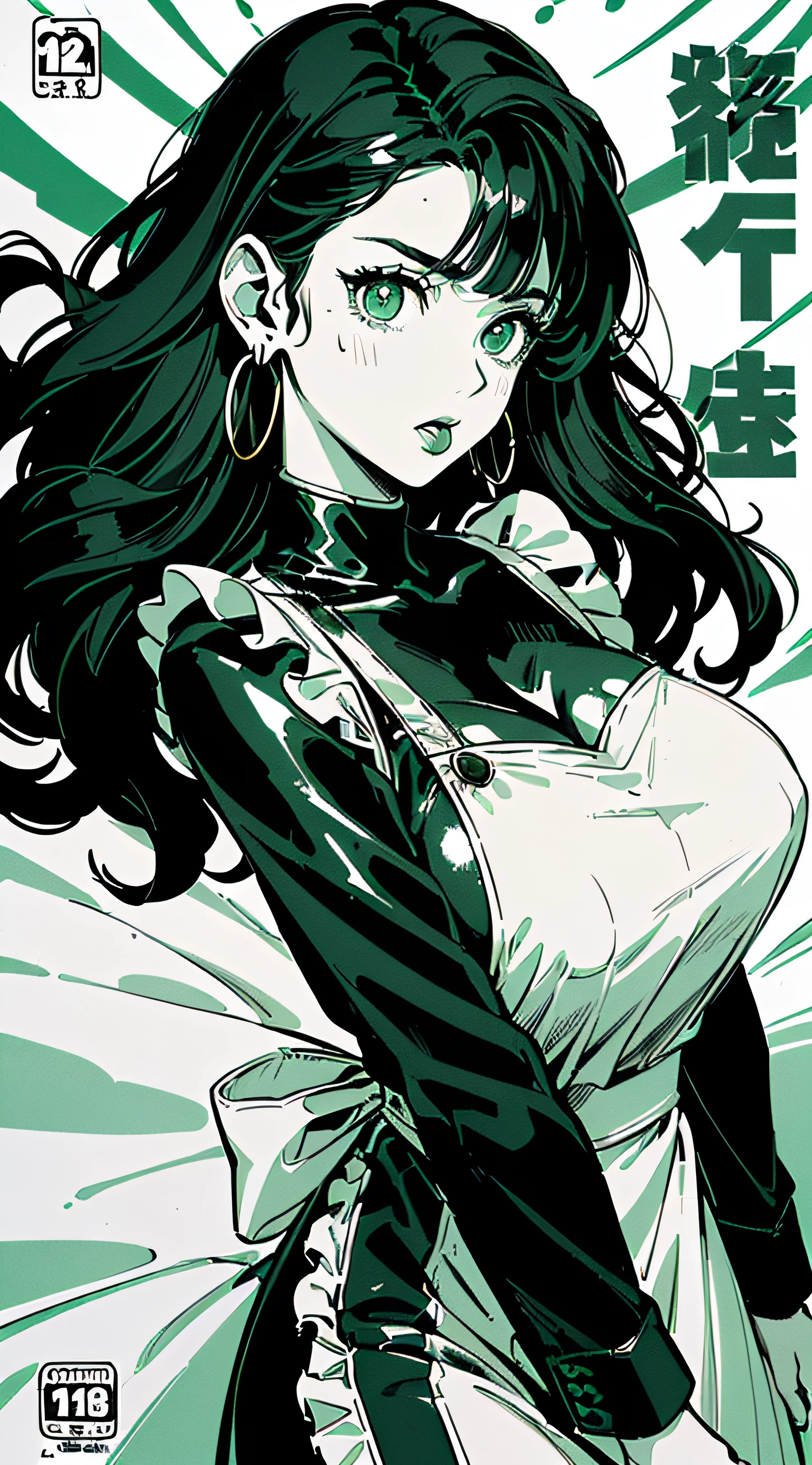 ((((((maid apron, puffy long sleeves, frilld, bangs, on the bed,hands between thighs,))))))((((The whole body is covered with oil,Oily shiny,oily,Oily and slippery,with her mouth open,Blush:1.2,Loose cuffs,))))(((((((Monochrome world, Use only black shades, White, and green, Grim, geomerty:1.2, ))))))),((1girll,mature,Amazing,Sharp focus,seductive lady,Solo,From above:1.3,Tattooed with,Loose knitwear,Military jacket,thigh band,))(Masterpiece,Best quality, offcial art, Beautiful and aesthetic:1.2),((hyper HD,ore,Golden ratio,)) (16k),((Upper lens,Facial closure:1.2,focus onface:1.2,Vampire, (((slime-liked breasts))), (((Sagging breasts))))),(Physically-based rendering),Sharp focus, (((highdetailskin,))),intricate outfits,Delicate pupils,Cardiac pupils,Danfeng Eyes,((((detailed hairs|Long hair|Long bold side bangs|Cover your eyes|Naturally curly|Disheveled hair)))),Slender,(masterpiece sidelighting),(The sheen),(Beautiful hair,Beautiful eyes,)((unbelievable Ridiculous,)),((extremely_Detailed_Eyes_and_face)),AV actor,(Dynamic configuration: 1.2),Brilliant,Glossy, (Photorealistic), ((Metal earrings)), two-sided fabric,Ultra-precise depiction, Ultra-detailed depiction,