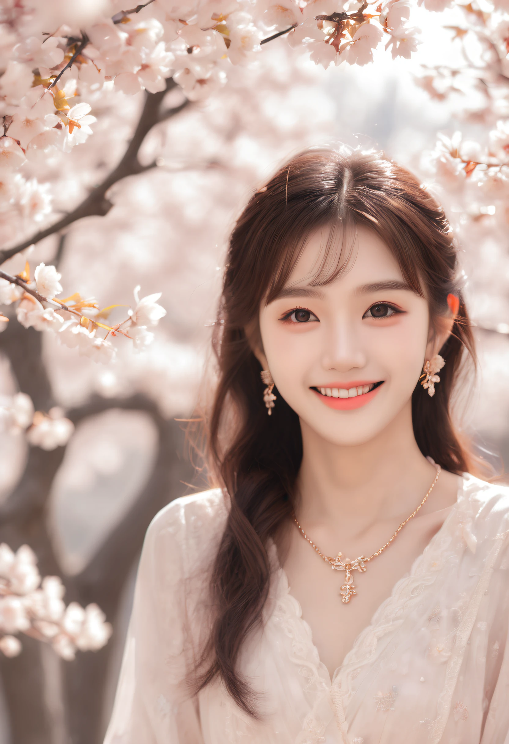 (1girll:1.3),Flawless,Clean,Masterpiece,Professional artwork,Famous artwork,(Perfect face:1.6),Detal Face,Highly detailed face and skin texture,Double eyelids,Detailed eyes,(Beautiful eyes:1.4),Pure beauty,(Slim female body:1.3),(Night:1.5),(En plein air:1.2),Goddess,fantasy,Dreamlike,(Rich:1.4),luxury goods,intricately details,Delicate pattern,Charming,hair adornments,(Smile:1.3),view the viewer,(Cherry blossoms:1.3),Onsen,(little breast:1.3),(Soft light:1.2),(Solo:1.6),Earrings,necklace,(elegant hair:1.2),High- sharpness,high high quality,detailed body render,Clear focus,Gradient hair,Slender abs,Long hair,Best quality