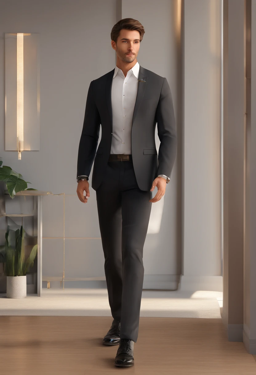 Homem moderno, bem vestido, terno preto, foto perfil, Great image quality, youthful appearance, elegante, foto tirada em uma apartamento luxuoso