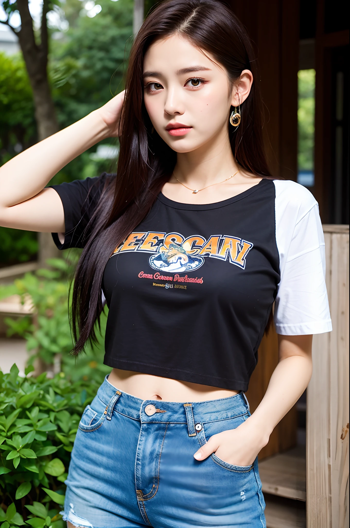 (bestquality, masterpiece: 1.2), Women, portrait, T-shirt (No breasts), shorts jeans, Mullet head, Long black hair, Brown eyes, outdoor