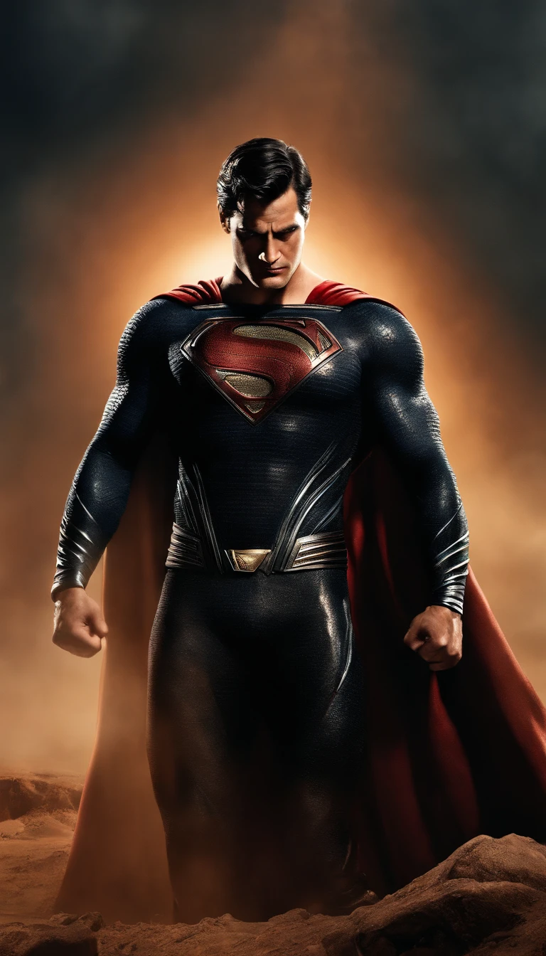 The image shows Superman in full body in a post-apocalyptic scenario.
Superman is standing, in an imposing pose, with his fists clenched and a serious expression on his face.
He is wearing a worn and dirty costume, with tears and patches, indicating the battles he has faced.
His skin is leathery, rough and has scars, showing the effects of the harsh environment in which he lived.
His eyes are tired and worn, revealing the wisdom and experience accumulated over time.
The setting is a burning desert, with dust storms and a scorching sun creating an oppressive atmosphere.
The colors are intense, with warm and saturated tones, highlighting the contrast between Superman and the environment.
The image is captured in high resolution (8K UHD) with a Fujifilm XT3 DSLR camera.
The lighting is soft, creating subtle shadows and highlights, adding depth to the image.
The image has a cinematic quality and slight film grain, adding texture and a nostalgic feel.