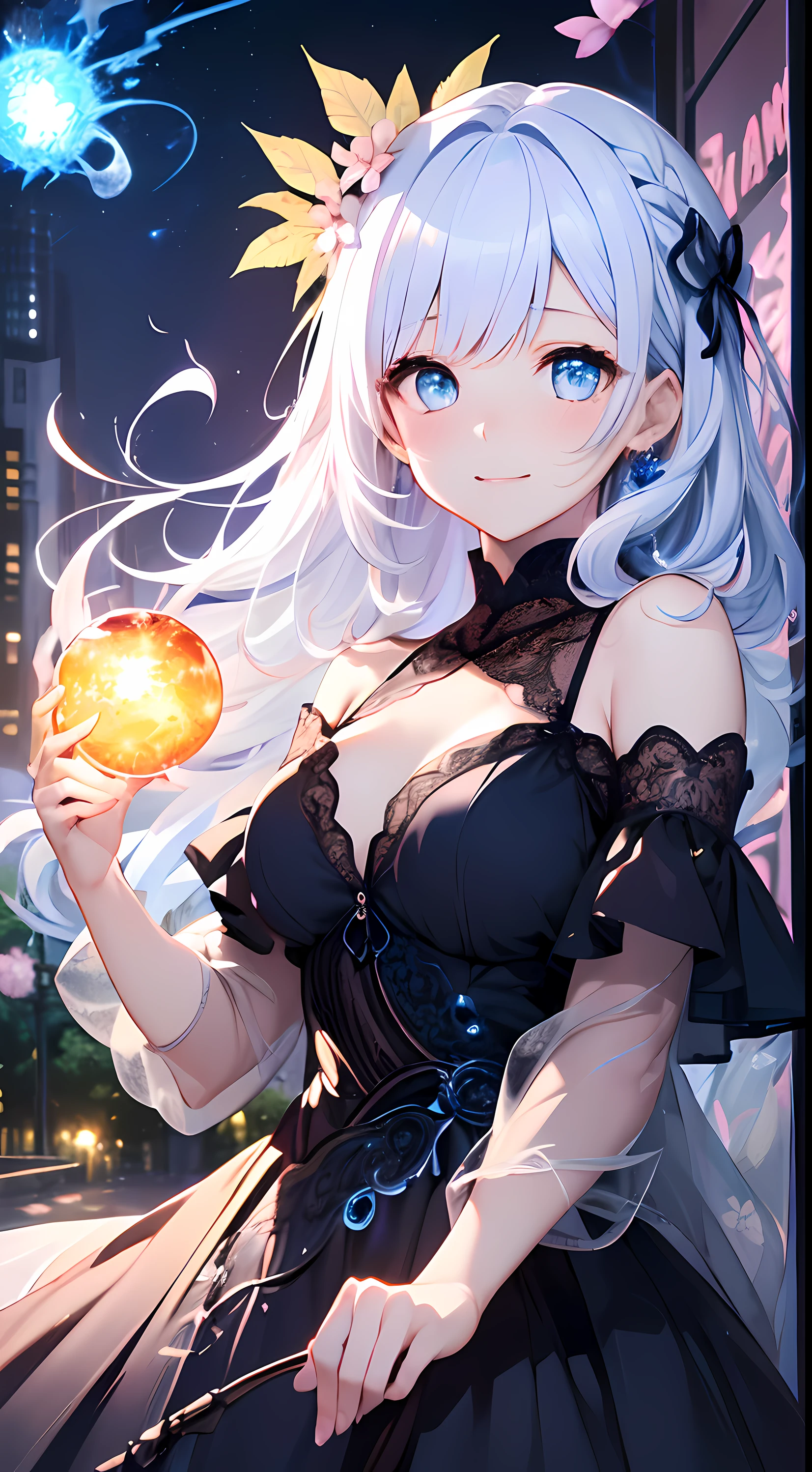 top-quality、Top image quality、​masterpiece、girl with((14year old、Black and purple dress、medium Bust、Bust 90、white medium hair、blue Eyes、open chest wide, Happiness、A slender、ssmile, Cherry Blossom Hair Ornament、Have a light、Invite your audience)）hiquality、Beautiful Art、Background with((Park of blue glowing leaves at night、Floating Blue Fireball、Fantastic world))、masutepiece、Elaborate design、visualart、
