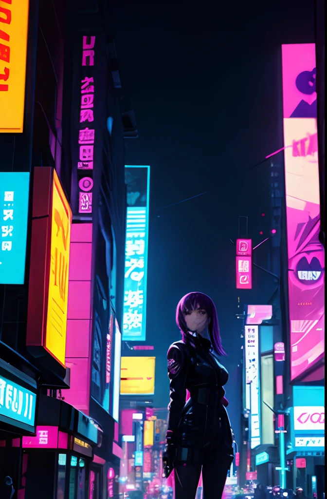 cyberpunk anime movie poster, girl standing in the middle of the street, cyberpunk wallpaper, purple neon lights