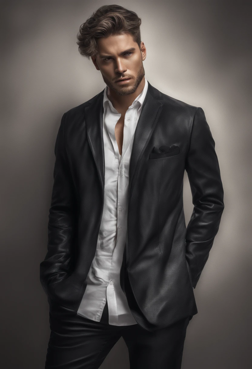 Homem moderno, bem vestido, terno preto, foto perfil, Great image quality, youthful appearance, elegante, foto tirada em uma apartamento luxuoso