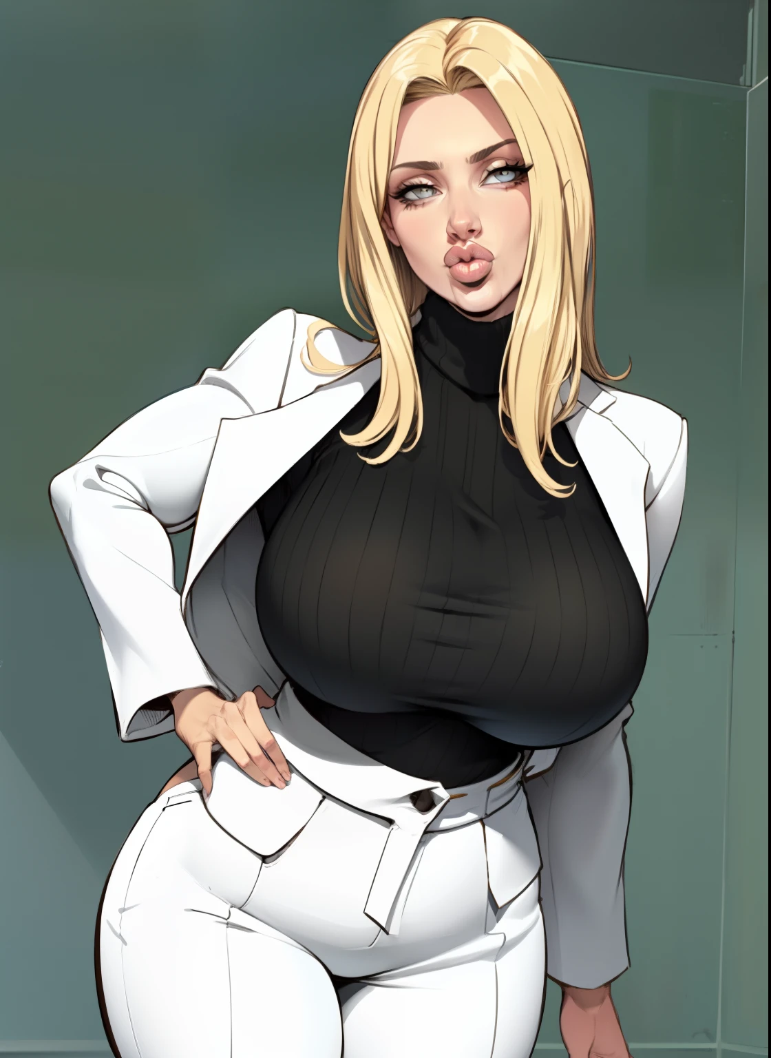 In the anime bleach style with clothing A tall and statuesque, pale skinned woman with composed pale grey eyes, a stubby nose, a square face and angled lips. She has wavy,  long blonde hair, has a large scar on her right arm, has an expressive tattoo on her stomach, wears light eyeliner, and she seems disciplined and is r with her leggings are leather she is muscular showing leveage she larges tits and leather jacket she is in suggestive posing with her ass over a desk