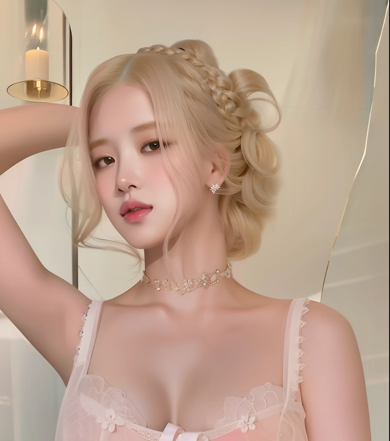 Blonde woman in pink lingerie posing for a photo in front of a mirror, pale skin curly blond hair, sydney sweeney, Retrato de Kim Petras, Yelena Belova, Una chica con cabello rubio, Amouranth, pale, piel brillante, with pale skin, Anna Nikolanova alias Newmilky, Cara delicada y encantadora, pale fair skin!!, extremely pale blond hair