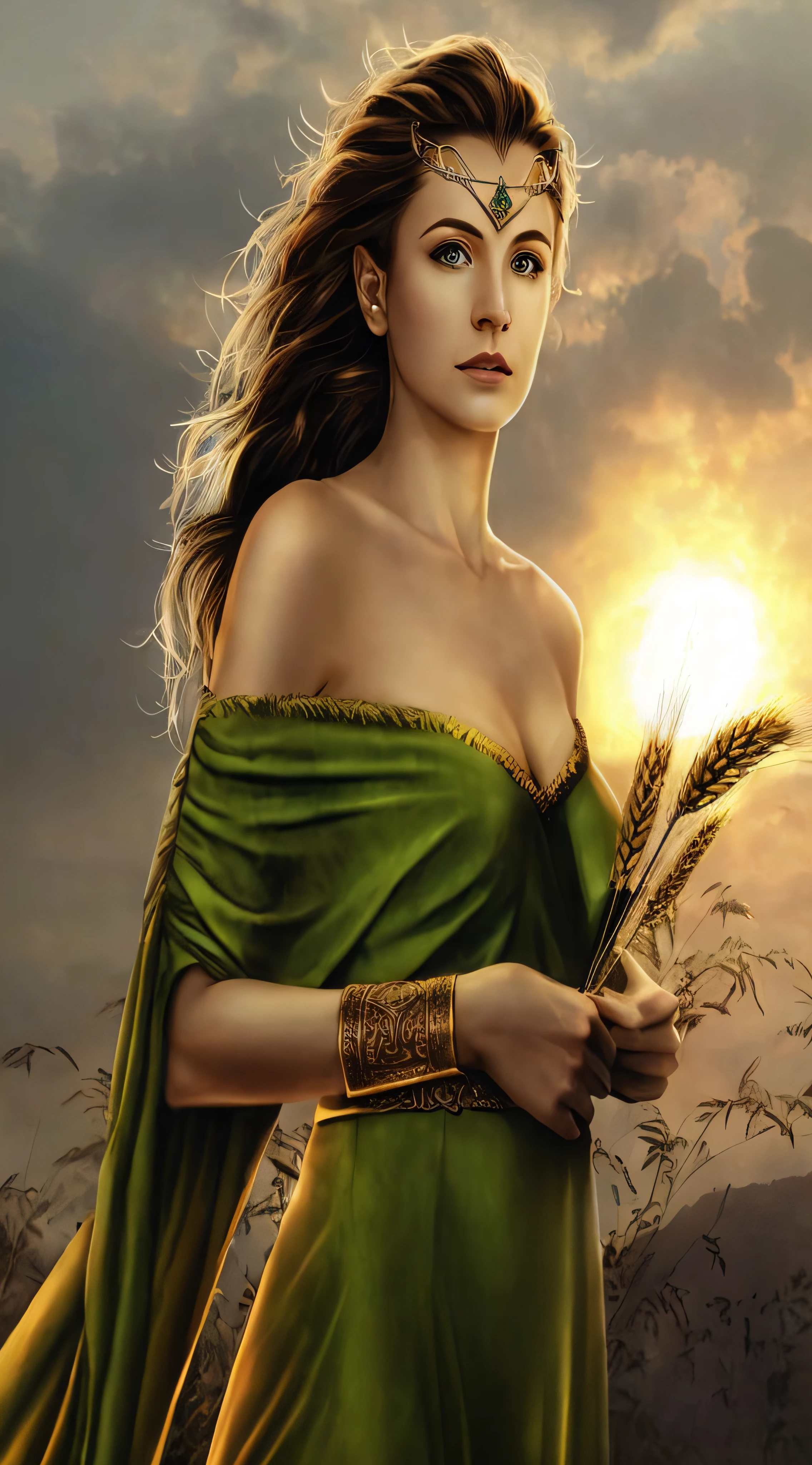 a woman in a green dress holding a bunch of wheat, portrait of celtic goddess diana, celtic fantasy art, beautiful maiden, druid goddess, beautiful female druid, elfic priestess, fantasy woman, earth goddess mythology, elven warrior princess, portrait of a female druid, norse goddess, elven princess, a stunning portrait of a goddess, beautiful elven princess