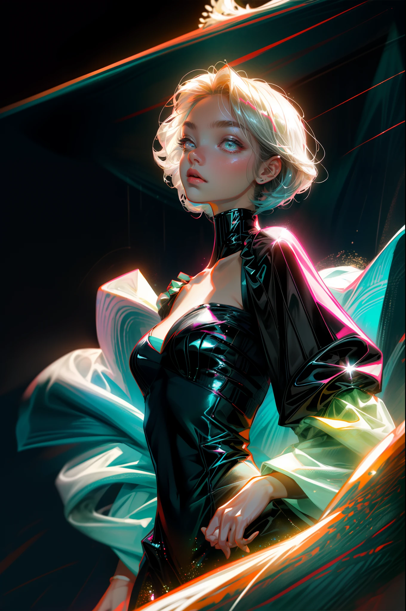 ​masterpiece、top-quality、超A high resolution、Fluorescent color、Cool Men、beautiful countenance、beautidful eyes、(off shoulders:1.2)、turn your head up、The upper part of the body、the woods、shinny hair、shinny skin、Shine Cut、Chibi、Finger Scale Coordination、black starlight dress、Particle
