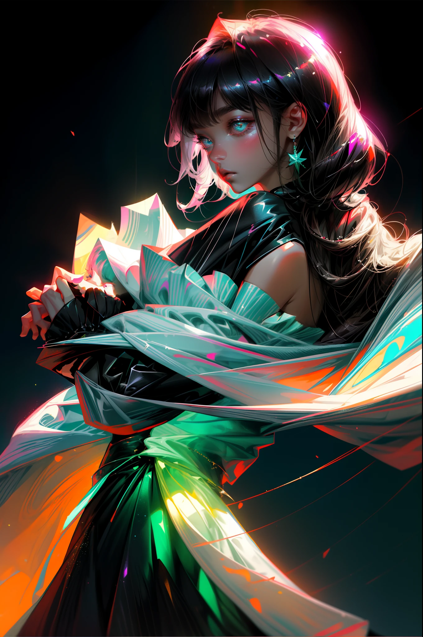 masterpiece、top-quality、超A high resolution、Fluorescent color、Cool Men、beautiful countenance、beautidful eyes、(off shoulders:1.2)、turn your head up、The upper part of the body、the woods、shinny hair、shinny skin、Shine Cut、Chibi、Finger Scale Coordination、black starlight dress、Particle