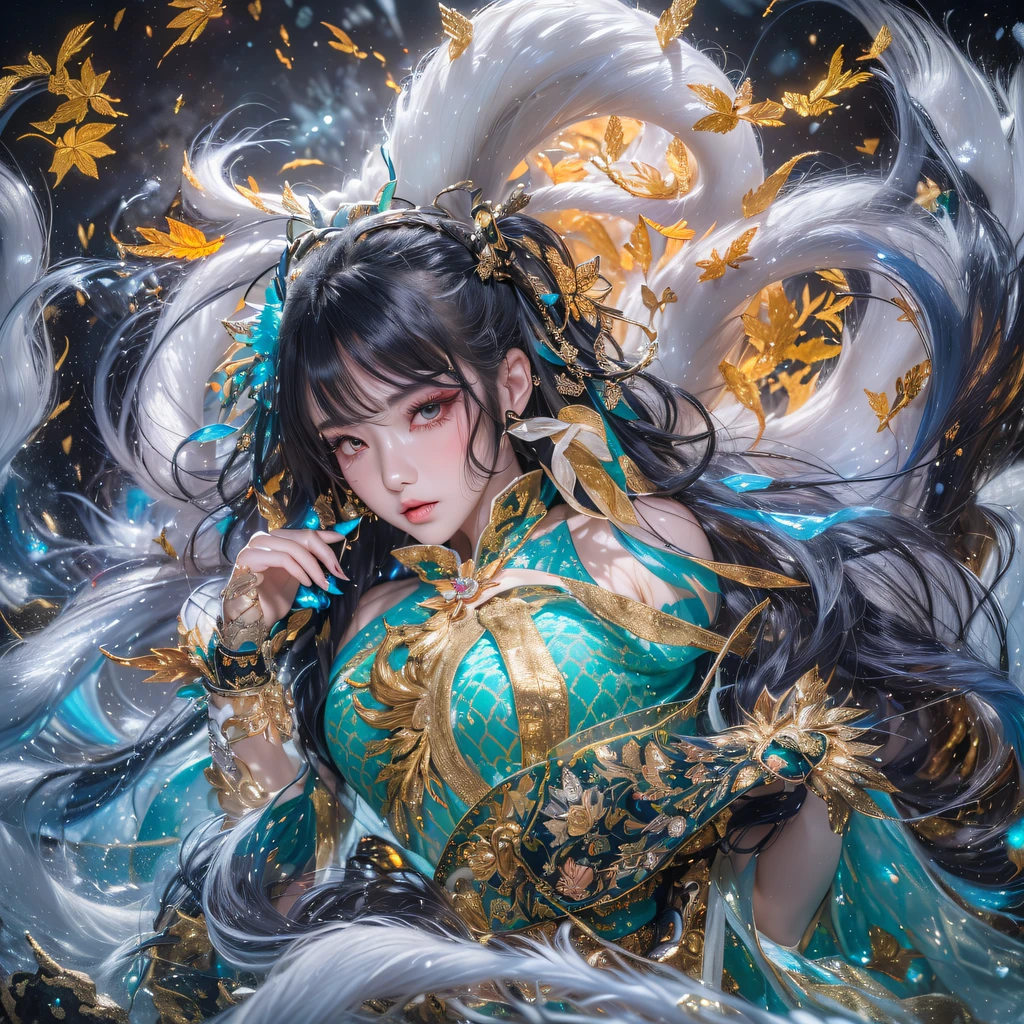 Fly the Nine-Tailed Light Blue Sky Division Flame Hairy Bear Star,Erotic,Torch Night Black Gold Orange Brocade Silk Snake Print Silk Pants,Rouge diamond tulle sheer lizard-patterned leggings,Fat Girl Space Flying in the Snow 1:900 miniatures,Front view,Pure transparency,Wear boxing gloves,Wear thick-rimmed reflective sunglasses with gold threads,Panorama ultra-wide angle,extremely happy,The texture of the real person is delicate,Strong visual impact,Hyper-detailing,Dream girl,Refined face,prettyeyes,Hair strands float in the air, Cherry model,Ouyang Xiaotong,crystal-clear,Good sense of perspective,Light and shadow effects,16K smooth,Surface reflected light,Flowing black hair,Water Goddess 32K,复杂,ellegance,highly detailed,A majestic,Digital photography,Autumn cowboy shot,surrealism painting,Broken rubies,Beating magic,Entwined water magic,(tmasterpiece,Cinematic light,Fine beautiful eyes:1.2),hdr,Void 5 Energy Storm,(China 1 girl,Black eyes:1.5),Rouge skin,Glowing skin,(sitting on the stone:1.5),delicated face,Black color hair,Put on palatial gold armor,cropped shoulders,,short skirt,Beautiful golden armor,Rained,big breasts beautiful,looking at viewert,Face away from the camera,tmasterpiece,Lateral face,Side portrait close-up