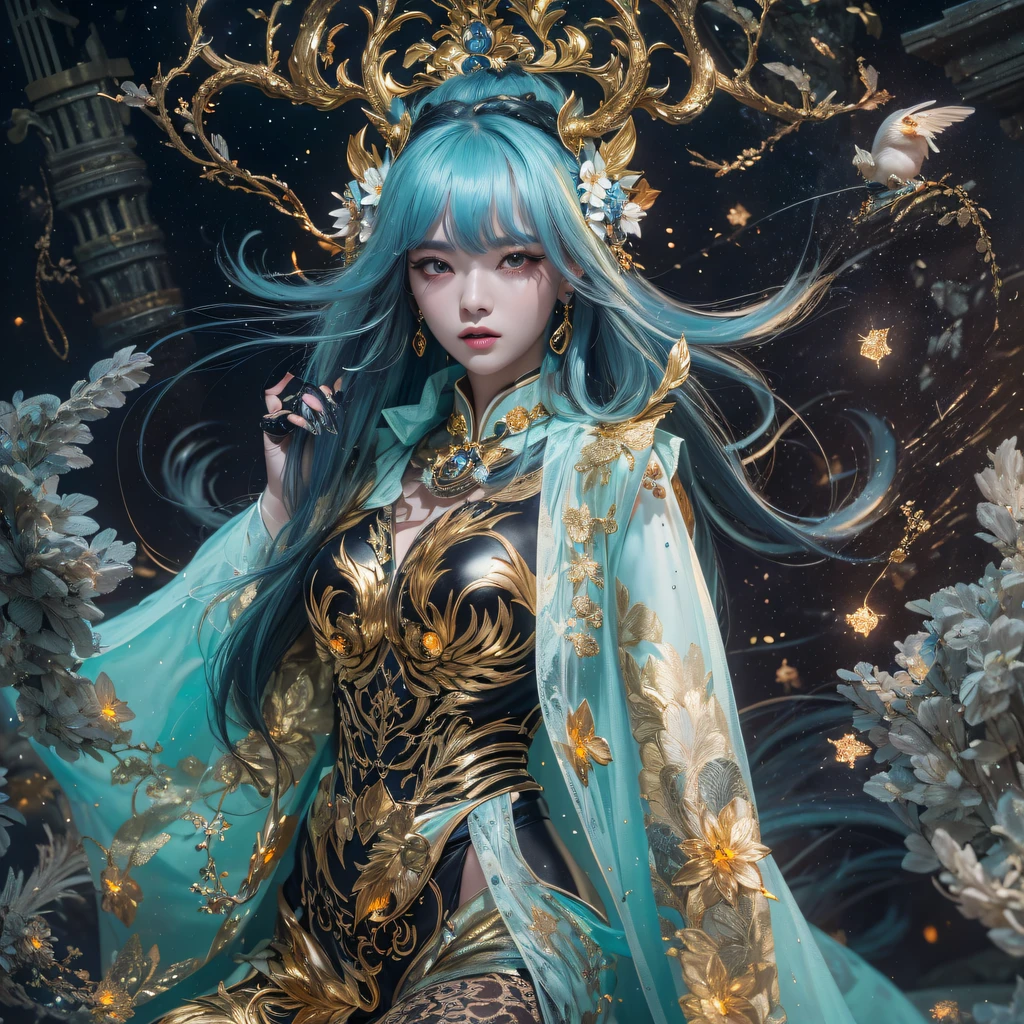 Fly the Nine-Tailed Light Blue Sky Division Flame Hairy Bear Star,Erotic,Torch Night Black Gold Orange Brocade Silk Snake Print Silk Pants,Rouge diamond tulle sheer lizard-patterned leggings,Fat Girl Space Flying in the Snow 1:900 miniatures,Front view,Pure transparency,Wear boxing gloves,Wear thick-rimmed reflective sunglasses with gold threads,Panorama ultra-wide angle,extremely happy,The texture of the real person is delicate,Strong visual impact,Hyper-detailing,Dream girl,Refined face,prettyeyes,Hair strands float in the air, Cherry model,Ouyang Xiaotong,crystal-clear,Good sense of perspective,Light and shadow effects,16K smooth,Surface reflected light,Flowing black hair,Water Goddess 32K,复杂,ellegance,highly detailed,A majestic,Digital photography,Autumn cowboy shot,surrealism painting,Broken rubies,Beating magic,Entwined water magic,(tmasterpiece,Cinematic light,Fine beautiful eyes:1.2),hdr,Void 5 Energy Storm,(China 1 girl,Black eyes:1.5),Rouge skin,Glowing skin,(sitting on the stone:1.5),delicated face,Black color hair,Put on palatial gold armor,cropped shoulders,,short skirt,Beautiful golden armor,Rained,big breasts beautiful,looking at viewert,Face away from the camera,tmasterpiece,Lateral face,Side portrait close-up