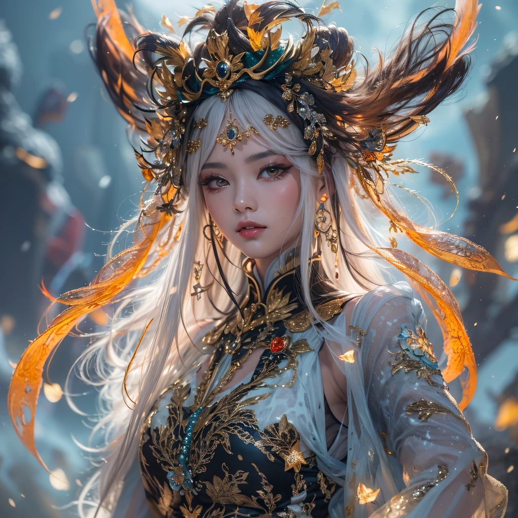 Fly the Nine-Tailed Light Blue Sky Division Flame Hairy Bear Star,Erotic,Torch Night Black Gold Orange Brocade Silk Snake Print Silk Pants,Rouge diamond tulle sheer lizard-patterned leggings,Fat Girl Space Flying in the Snow 1:900 miniatures,Front view,Pure transparency,Wear boxing gloves,Wear thick-rimmed reflective sunglasses with gold threads,Panorama ultra-wide angle,extremely happy,The texture of the real person is delicate,Strong visual impact,Hyper-detailing,Dream girl,Refined face,prettyeyes,Hair strands float in the air, Cherry model,Ouyang Xiaotong,crystal-clear,Good sense of perspective,Light and shadow effects,16K smooth,Surface reflected light,Flowing black hair,Water Goddess 32K,复杂,ellegance,highly detailed,A majestic,Digital photography,Autumn cowboy shot,surrealism painting,Broken rubies,Beating magic,Entwined water magic,(tmasterpiece,Cinematic light,Fine beautiful eyes:1.2),hdr,Void 5 Energy Storm,(China 1 girl,Black eyes:1.5),Rouge skin,Glowing skin,(sitting on the stone:1.5),delicated face,Black color hair,Put on palatial gold armor,cropped shoulders,,short skirt,Beautiful golden armor,Rained,big breasts beautiful,looking at viewert,Face away from the camera,tmasterpiece,Lateral face,Side portrait close-up
