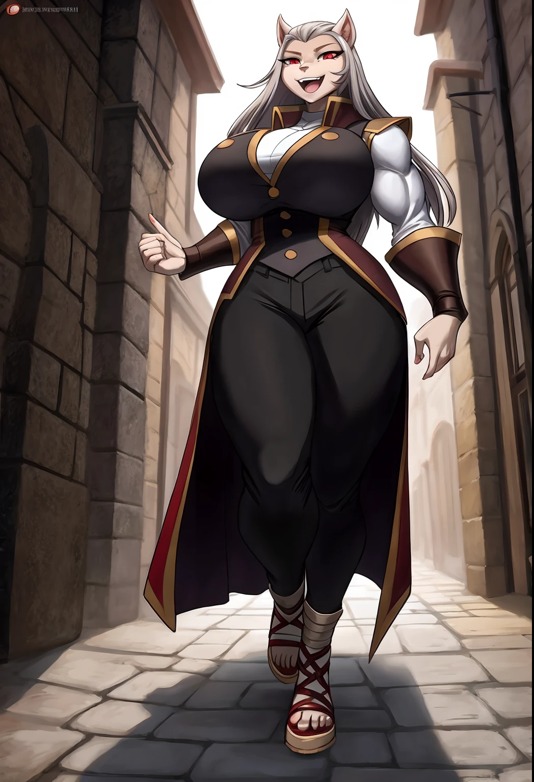 muscle girl,huge breast,, tall female, ,pants, solo focus, 1character, portrait full body,dark skinned female, , vest, coat, walking, medieval clothing, long hair, ,, open mouth smile, revealing cloths, , , berserker, warrior,, full body, walking,, ,flipflops, red eyes, sentai heroine, white bodysuit, silver hair