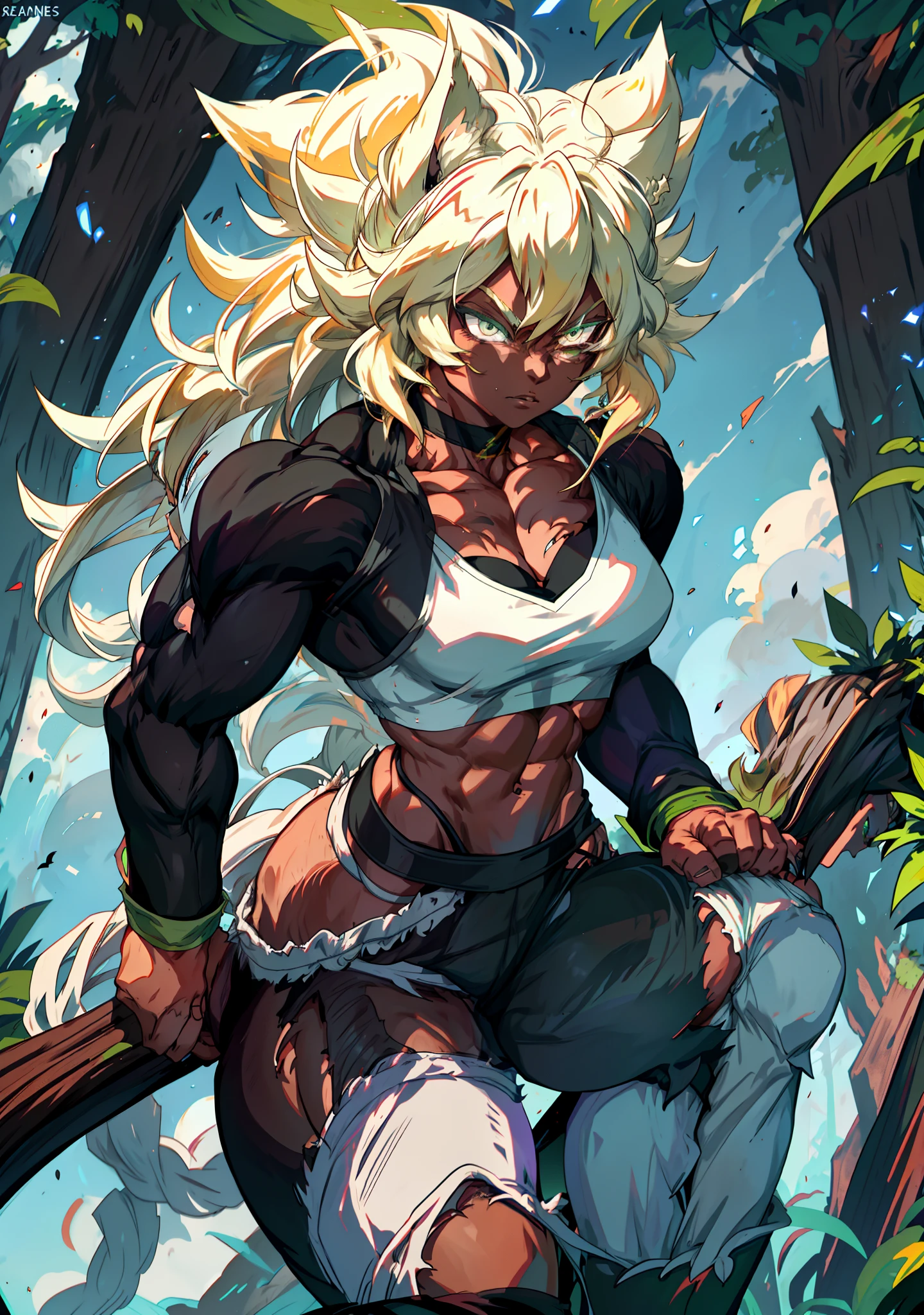 muscular ebony skinned blake belladonna in a ki charging pose while being in a forest, Blake with long blonde hair and cat ears, blake with green eyes, blonde monkey tail wrapped around Blake's waist, wearing an open white jacket with a black tanktop underneath, wearing a pair of ripped white shorts with black leggings, this black Blake is by herself.