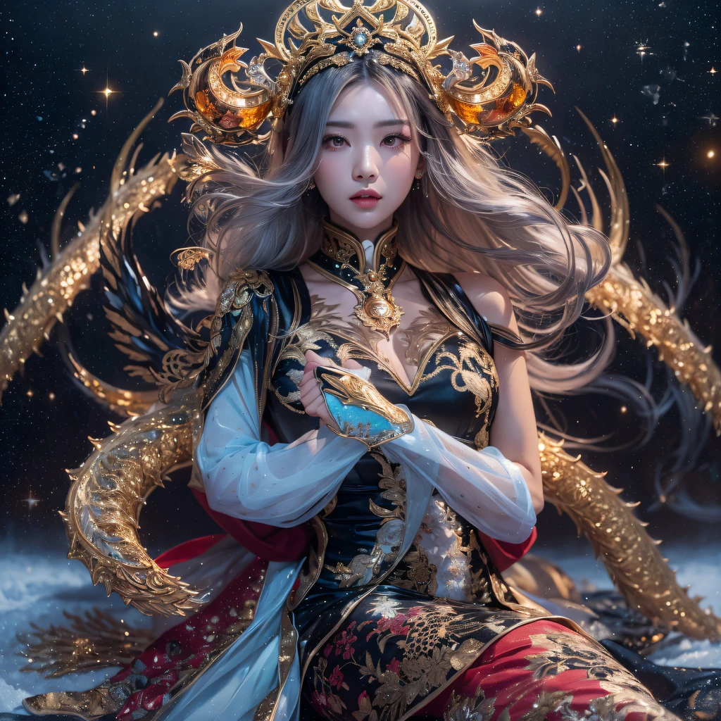 Fly the Nine-Tailed Light Blue Sky Division Flame Hairy Bear Star,Erotic,Torch Night Black Gold Orange Brocade Silk Snake Print Silk Pants,Rouge diamond tulle sheer lizard-patterned leggings,Fat Girl Space Flying in the Snow 1:900 miniatures,Front view,Pure transparency,Wear boxing gloves,Wear thick-rimmed reflective sunglasses with gold threads,Panorama ultra-wide angle,extremely happy,The texture of the real person is delicate,Strong visual impact,Hyper-detailing,Dream girl,Refined face,prettyeyes,Hair strands float in the air, Cherry model,Ouyang Xiaotong,crystal-clear,Good sense of perspective,Light and shadow effects,16K smooth,Surface reflected light,Flowing black hair,Water Goddess 32K,复杂,ellegance,highly detailed,A majestic,Digital photography,Autumn cowboy shot,surrealism painting,Broken rubies,Beating magic,Entwined water magic,(tmasterpiece,Cinematic light,Fine beautiful eyes:1.2),hdr,Void 5 Energy Storm,(China 1 girl,Black eyes:1.5),Rouge skin,Glowing skin,(sitting on the stone:1.5),delicated face,Black color hair,Put on palatial gold armor,cropped shoulders,,short skirt,Beautiful golden armor,Rained,big breasts beautiful,looking at viewert,Face away from the camera,tmasterpiece,Lateral face,Side portrait close-up