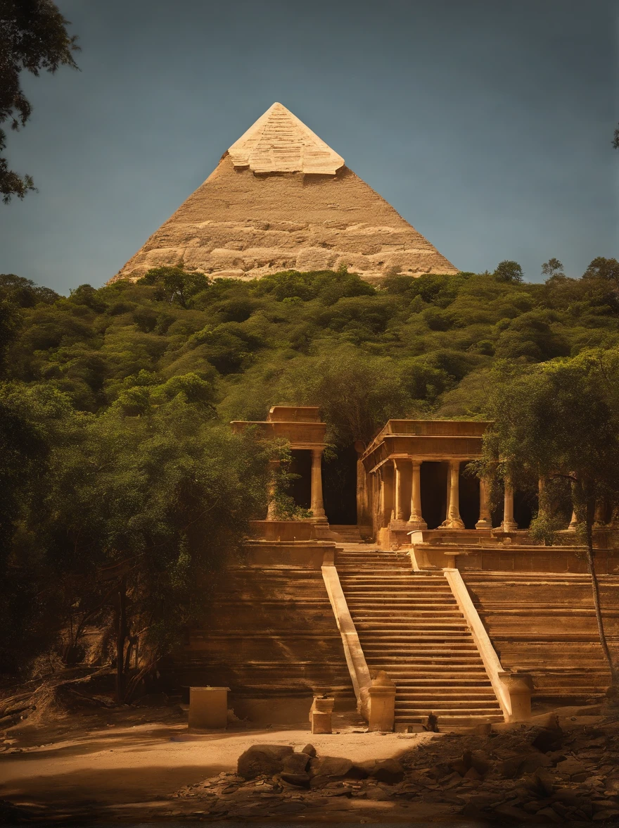 The Golden, A lost city seen among the trees in a dense forest., A mighty golden pyramid that glitters with sunlight., hyper realistic photography.
