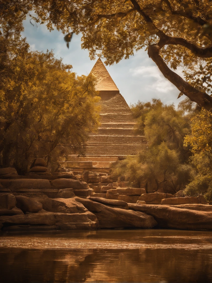 The Golden, A lost city seen among the trees in a dense forest., A mighty golden pyramid that glitters with sunlight., hyper realistic photography.