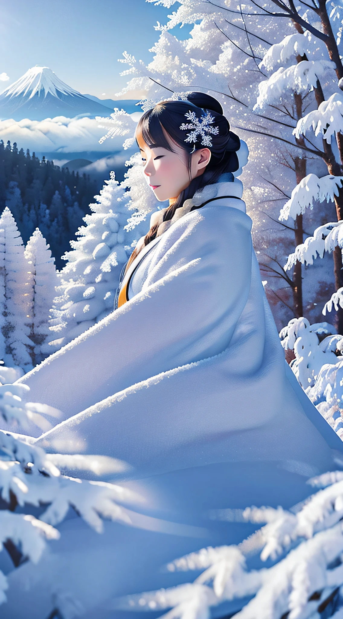 Masterpiece、top-quality、A hyper-realistic、Photorealsitic、The beauty of the frost on the trees of the snowy mountains in the middle of winter against the backdrop of a dark blue sky、Fog flowing through snowy mountains、Trees with frost々Beautiful long silver-haired female spirit in pure white Japan kimono snuggling up to「snow woman」