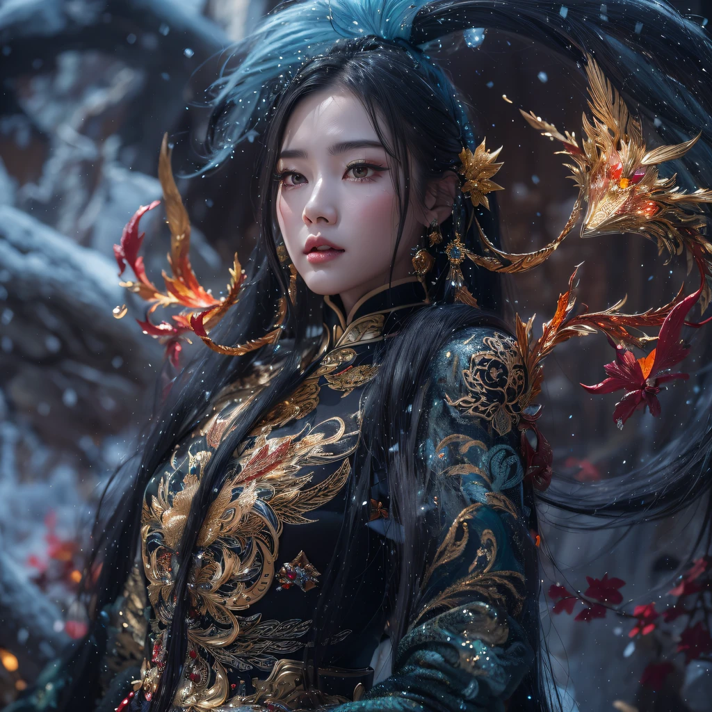 Fly the Nine-Tailed Light Blue Sky Division Flame Hairy Bear Star,Erotic,Torch Night Black Gold Orange Brocade Silk Snake Print Silk Pants,Rouge diamond tulle sheer lizard-patterned leggings,Fat Girl Space Flying in the Snow 1:900 miniatures,Front view,Pure transparency,Wear boxing gloves,Wear thick-rimmed reflective sunglasses with gold threads,Panorama ultra-wide angle,extremely happy,The texture of the real person is delicate,Strong visual impact,Hyper-detailing,Dream girl,Refined face,prettyeyes,Hair strands float in the air, Cherry model,Ouyang Xiaotong,crystal-clear,Good sense of perspective,Light and shadow effects,16K smooth,Surface reflected light,Flowing black hair,Water Goddess 32K,复杂,ellegance,highly detailed,A majestic,Digital photography,Autumn cowboy shot,surrealism painting,Broken rubies,Beating magic,Entwined water magic,(tmasterpiece,Cinematic light,Fine beautiful eyes:1.2),hdr,Void 5 Energy Storm,(China 1 girl,Black eyes:1.5),Rouge skin,Glowing skin,(sitting on the stone:1.5),delicated face,Black color hair,Put on palatial gold armor,cropped shoulders,,short skirt,Beautiful golden armor,Rained,big breasts beautiful,looking at viewert,Face away from the camera,tmasterpiece,Lateral face,Side portrait close-up
