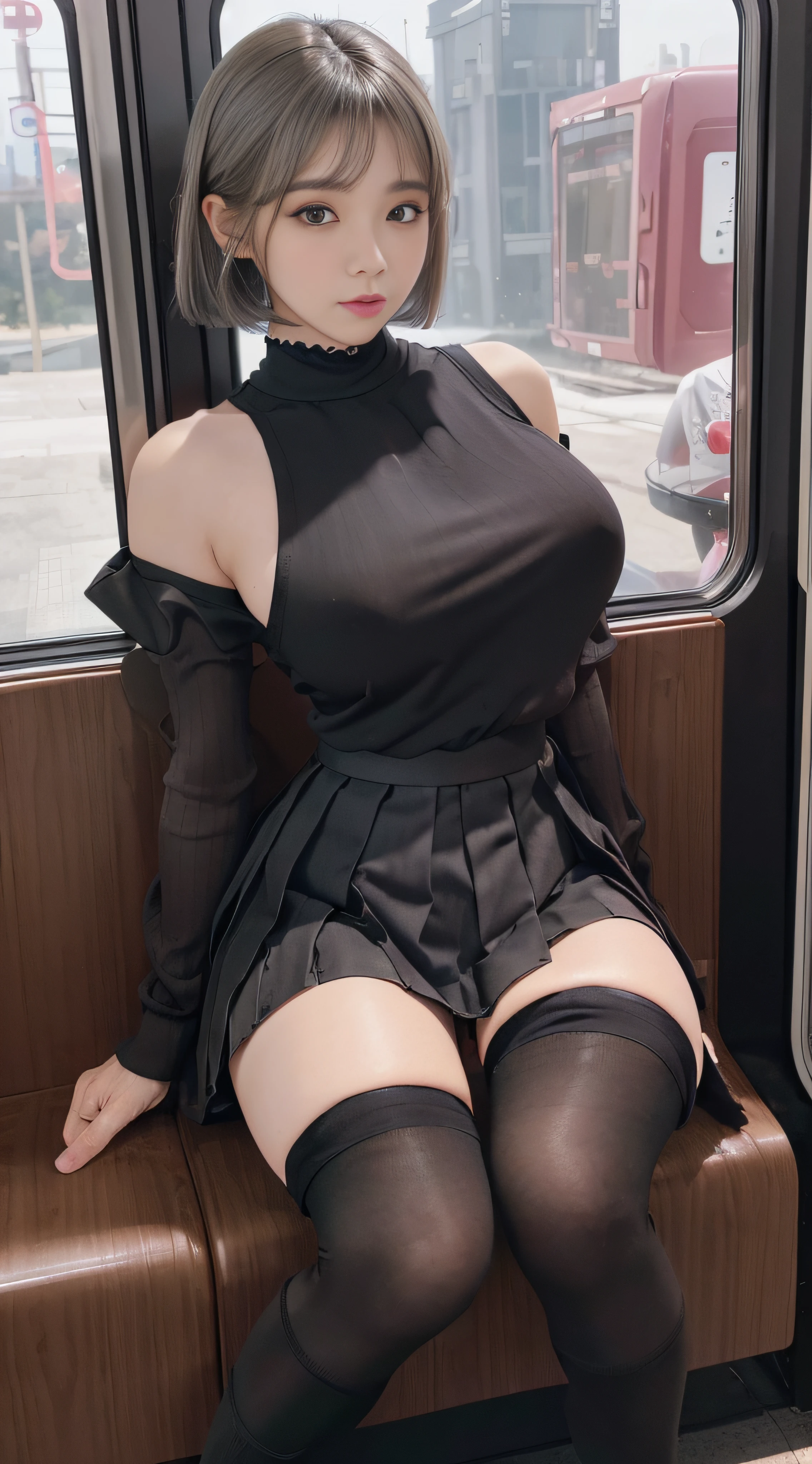 Korean，Sitting on the train，（（（tmasterpiece）））， （（best qualtiy））， （（intricate detailes））， （（Ultra-realistic realism））， Ridiculous resolution， A MILF， Mature Woman， ighly detailed， illustratio， 1girll，（（Large breasts））， perfect hand， Detailed finger， Beautiful detailed eyes，((( Whitted ash grey asymmetrical bob hair)))， with brown eye， Name badge，Korean Style Long Sleeve Pink Ruffled Off Shoulder，(((Black super mini pleated skirt，Black lascivious knee socks:1.2)))，detailedbackground， perfect  eyes， mesmerizing eyes，Slightly open mouth, ((1 girl with huge breasts that seems to burst with a little spread of legs:1.2))