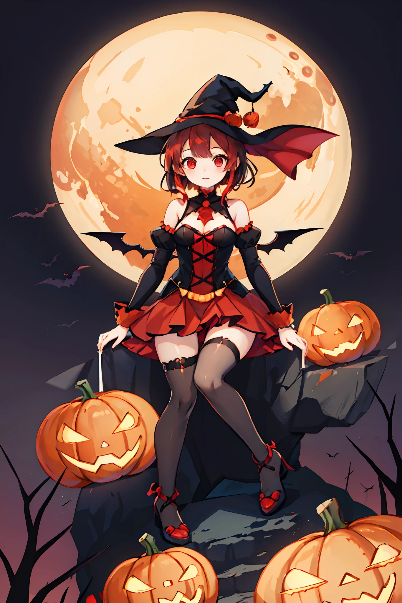 The art of segmentation，1girll，Red Moon，borgar，pumpkins，the bats