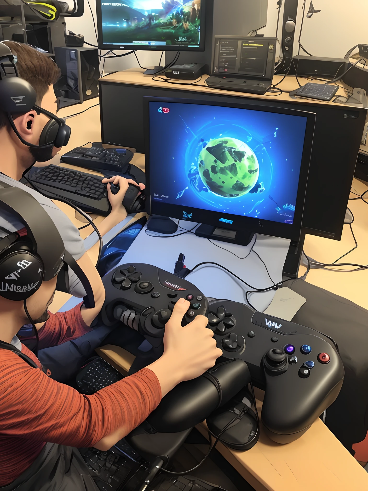 Desenhe um bufalo sentado em uma cadeira gamer jogando no computadar dom leds em uma montanha