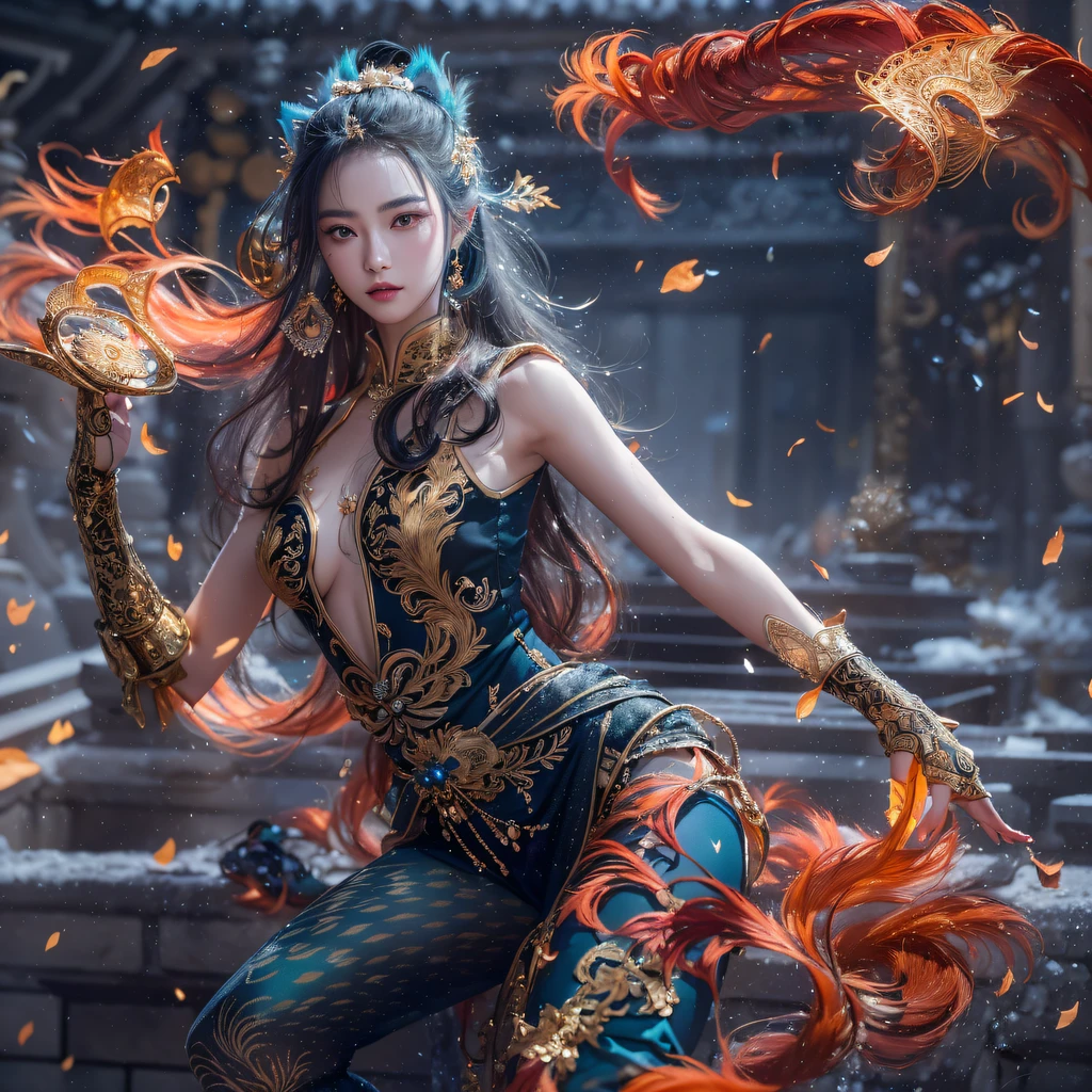 Flying Nine-Tailed Light Blue Sky Division Flame Long-haired Fox Star,een Erotica,Torch night black golden orange brocade silk snake print silk pants,Rouge diamond tulle sheer lizard-patterned leggings,Fat Girl Space Fly in the Snow 1:900 miniatures,Front view,Pure transparency,Wear boxing gloves,Wear thick-framed reflective sunglasses with gold wire,Panorama ultra-wide angle,extremely happy,The texture of the real person is delicate,Strong visual impact,hyper-detailing,Dream girl,Refined face,prettyeyes,Hair strands float in the air, cherry Models,Zhou Xiaotong,crystal-clear,Good sense of perspective,Light and shadow effects,16K smooth,Surface reflected light,Flowing black hair,Water Goddess 32K,复杂,ellegance,highly detailed,A majestic,Digital photography,Autumn cowboy shot,surrealism painting,Broken rubies,Beating magic,Entwined water magic,(tmasterpiece,Cinematic light,Fine beautiful eyes:1.2),hdr,Void 5 Energy Storm,(China 1 girl,Black eyes:1.5),Rouge skin,Glowing skin,(sitting on the stone:1.5),delicated face,Black color hair,Put on palatial gold armor,cropped shoulders,,short skirt,Beautiful golden armor,Rained,big breasts beautiful,looking at viewert,Face away from the camera,tmasterpiece,Lateral face,Side portrait close-up